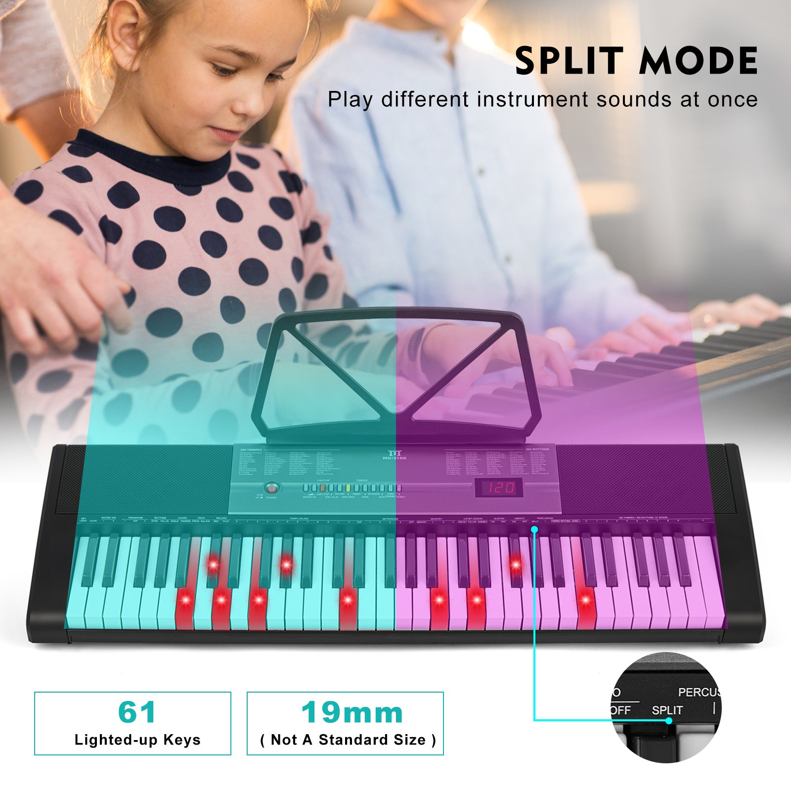 MUSTAR MEKS-700, Piano Keyboard with Lighted Up Keys, 61 Keys Learning Keyboard for Beginners, Bench, Teaching Modes, Two Power Supply Methods, Built-In Speaker, Lighted Keys, Microphone Input, Split Mode