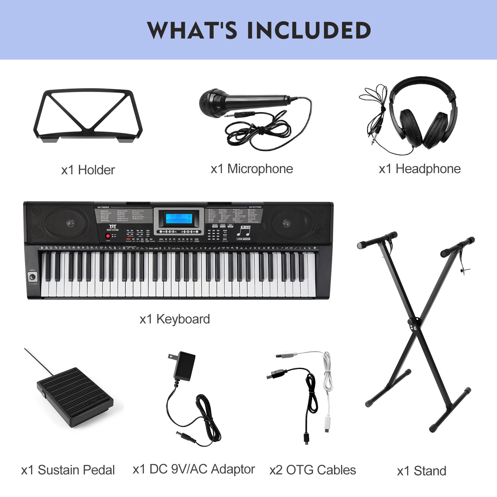MUSTAR MEKS-500, 61 Key Portable Electronic Keyboard, Lighted Up Learning Piano Keyboard, LCD, Beginner Set, Gifts