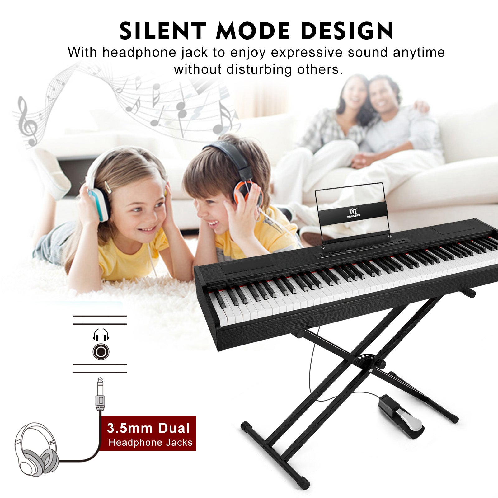 MUSTAR MDP-1200, 88 Key Weighted Digital Piano, Wooden Electronic Keyboards, Hammer Action, Bluetooth Connection, MIDI, Sustain Pedal, 80 demo 600 rhythms 800 tones, Black