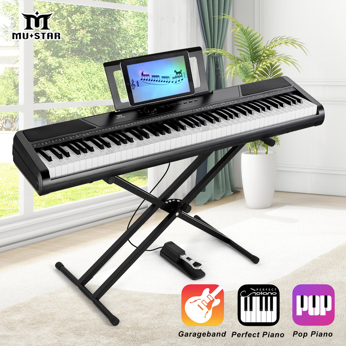 MUSTAR MEP-1100, 88 keys Digital Piano, Semi Weighted Keyboard Piano, Electronic Keyboards for Beginners, Sustain Pedal, USB/MIDI/Bluetooth, ABS, 128 Rhythms, 2 built-in 25W Stereo Speakers, Black