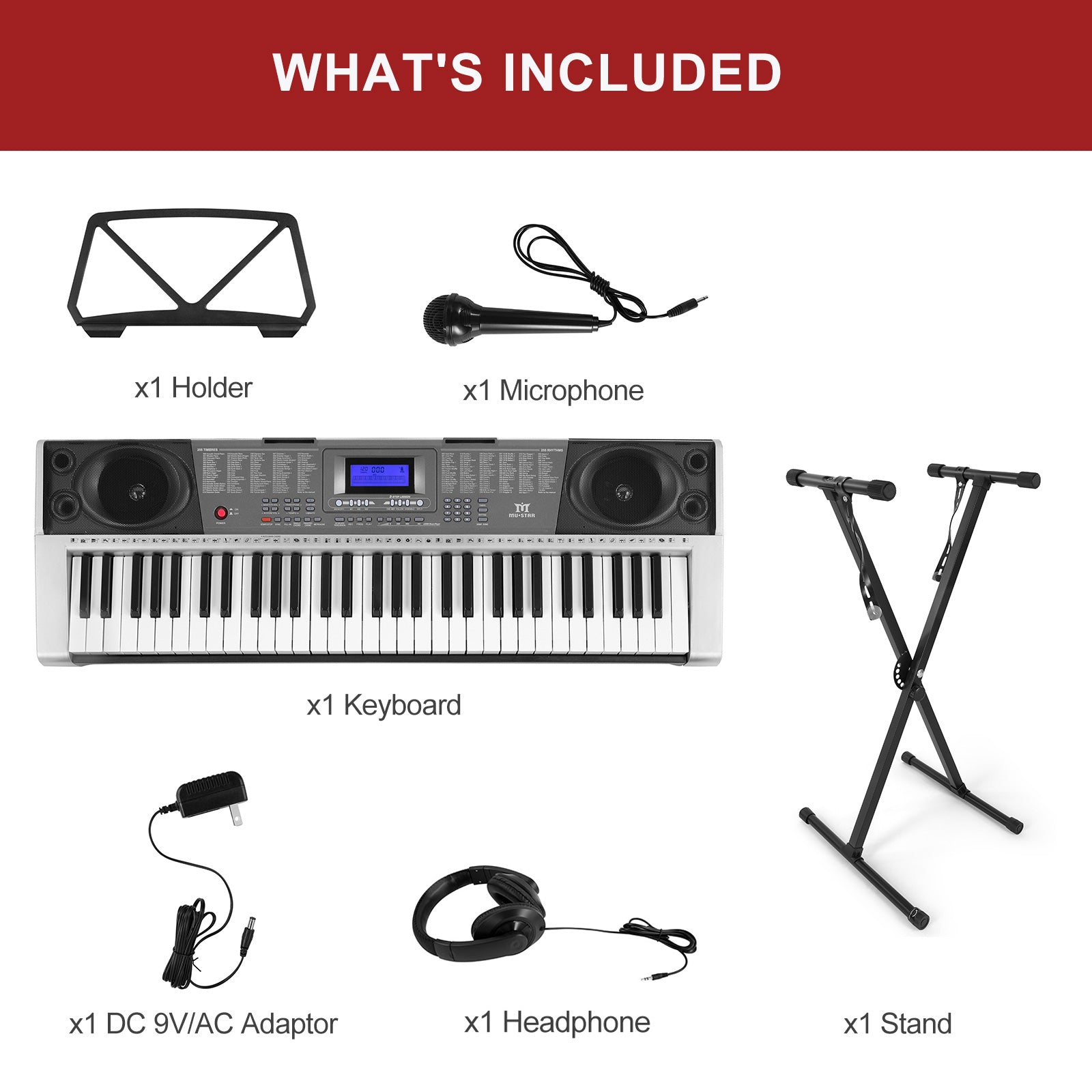 MUSTAR MEK-300, 61 Key Piano Keyboard, Electric Keyboard Piano with Stand for Beginners