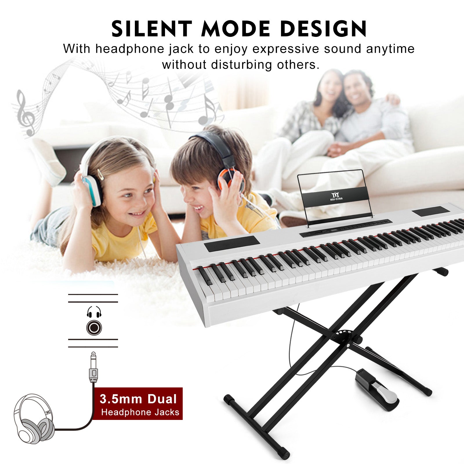 88 Key Weighted Digital Piano, MUSTAR MDP-1300,  Wooden Electronic Keyboards, Hammer Action, Bluetooth Connection, MIDI, Sustain Pedal, 80 demo 600 rhythms 800 tones, 2×20W stereo speakers, White