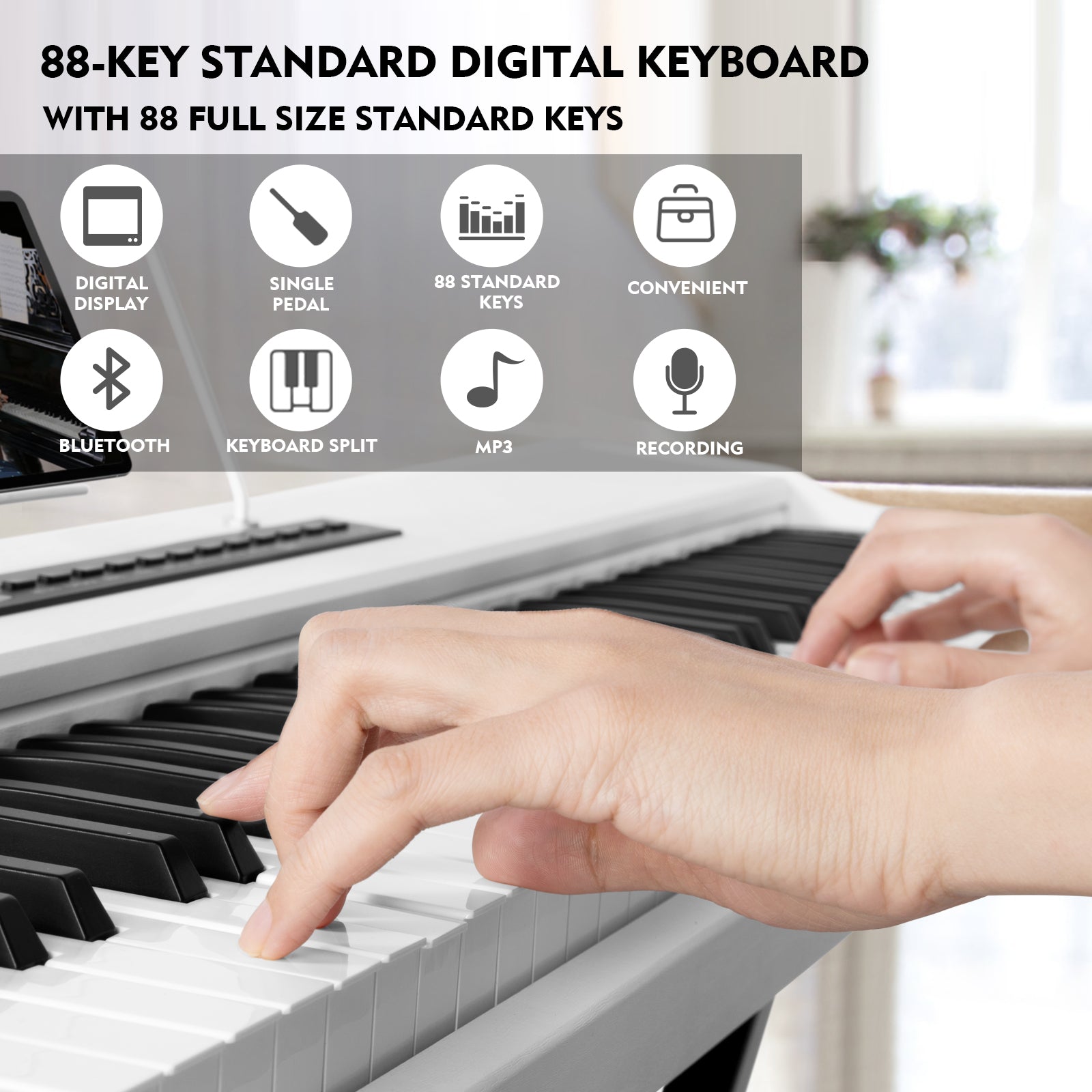 MUSTAR MEP-1000, Digital Piano 88 Keys Electronic Keyboards, Semi Weighted Electric Piano, Bluetooth Connection, Sustain Pedal, White