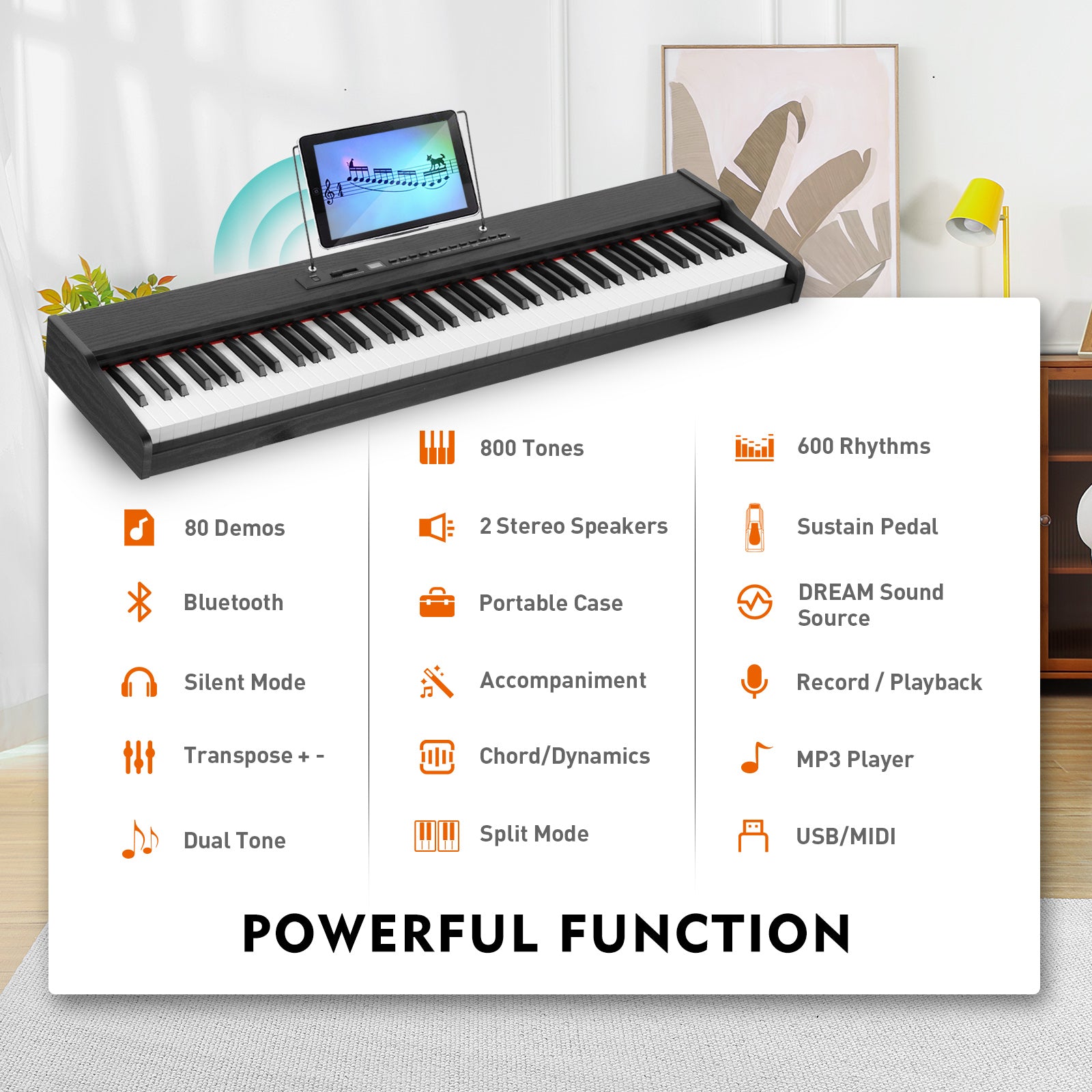 MUSTAR MEP-900, Digital Piano 88 Keys Electronic Keyboards, Semi Weighted Electric Piano, Bluetooth Connection, Sustain Pedal, Black