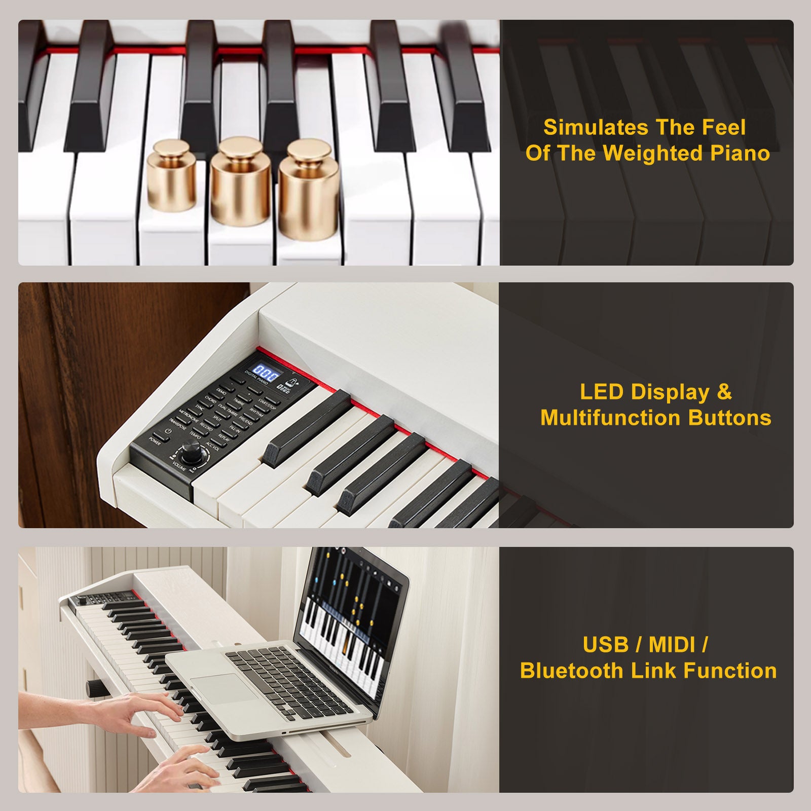 MUSTAR MDP-2200, 88 Semi Weighted Key Digital Piano, Electronic Keyboards, Bluetooth/ MIDI,3 Pedals, 80 demo 600 rhythms 800 tones