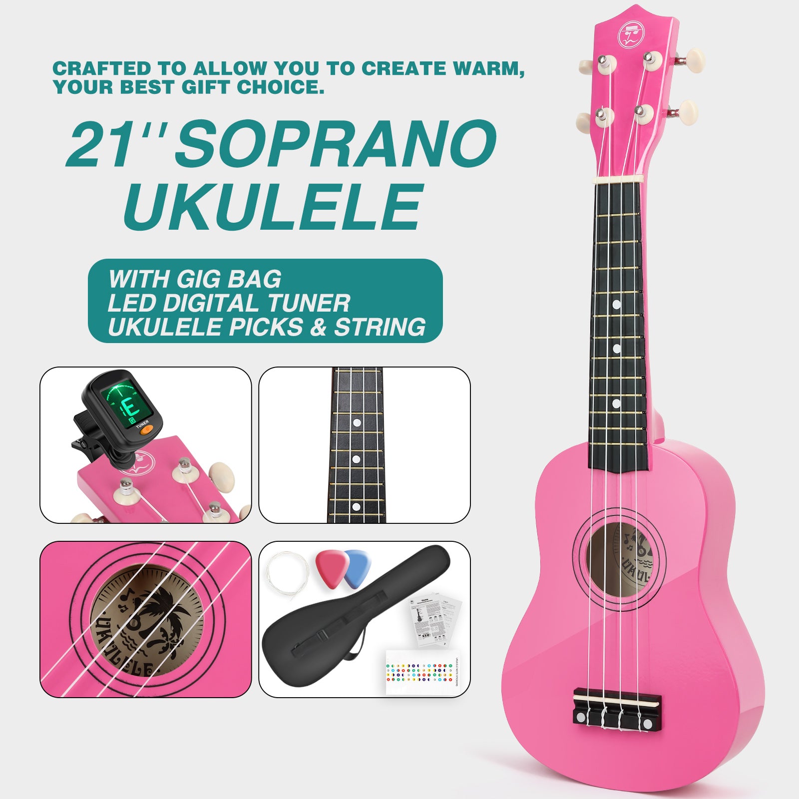 MUSTAR MU-401, 21 Inch Soprano Ukulele for Beginners Kids Pink