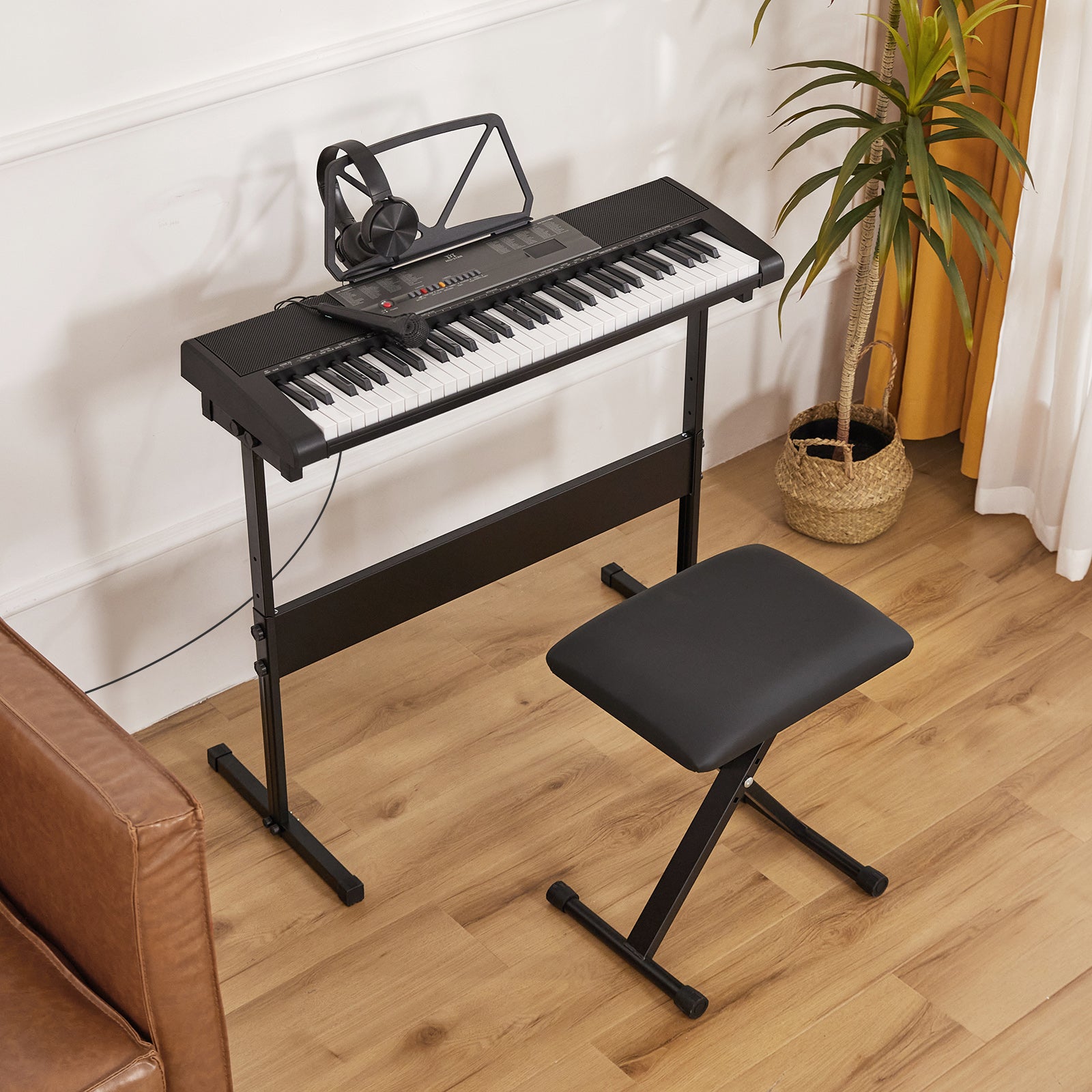 MUSTAR MEKS-700, Piano Keyboard with Lighted Up Keys, 61 Keys Learning Keyboard for Beginners, Bench, Teaching Modes, Two Power Supply Methods, Built-In Speaker, Lighted Keys, Microphone Input, Split Mode