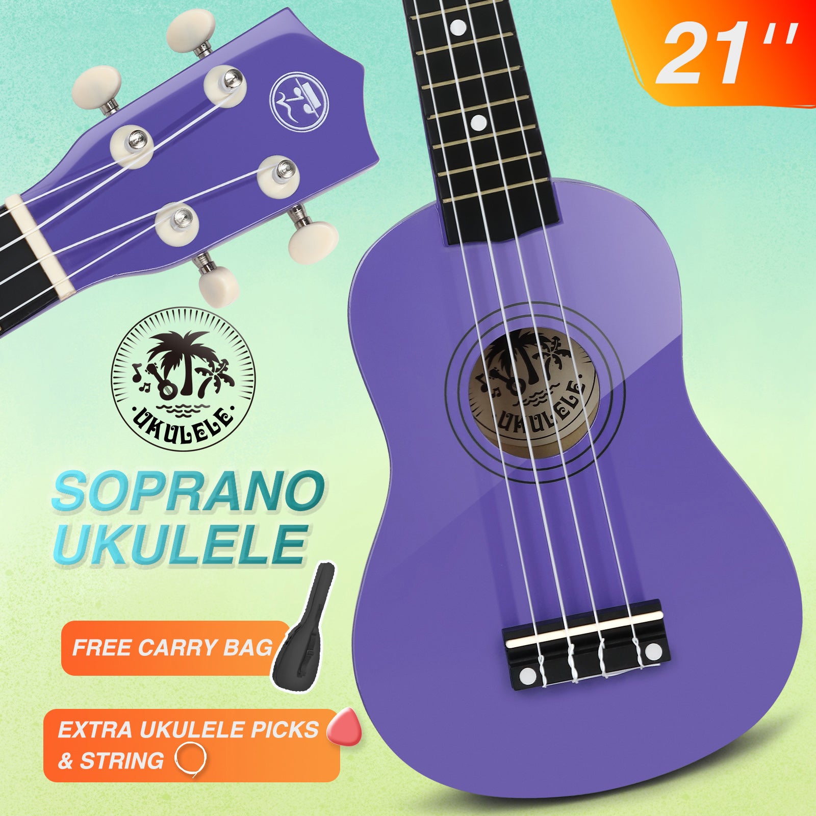 MUSTAR MU-701, 21 Inch Soprano Ukulele for Beginners Kids Purple