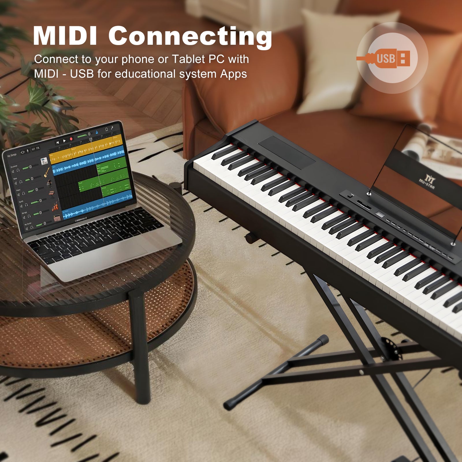 MUSTAR MDP-1200, 88 Key Weighted Digital Piano, Wooden Electronic Keyboards, Hammer Action, Bluetooth Connection, MIDI, Sustain Pedal, 80 demo 600 rhythms 800 tones, Black