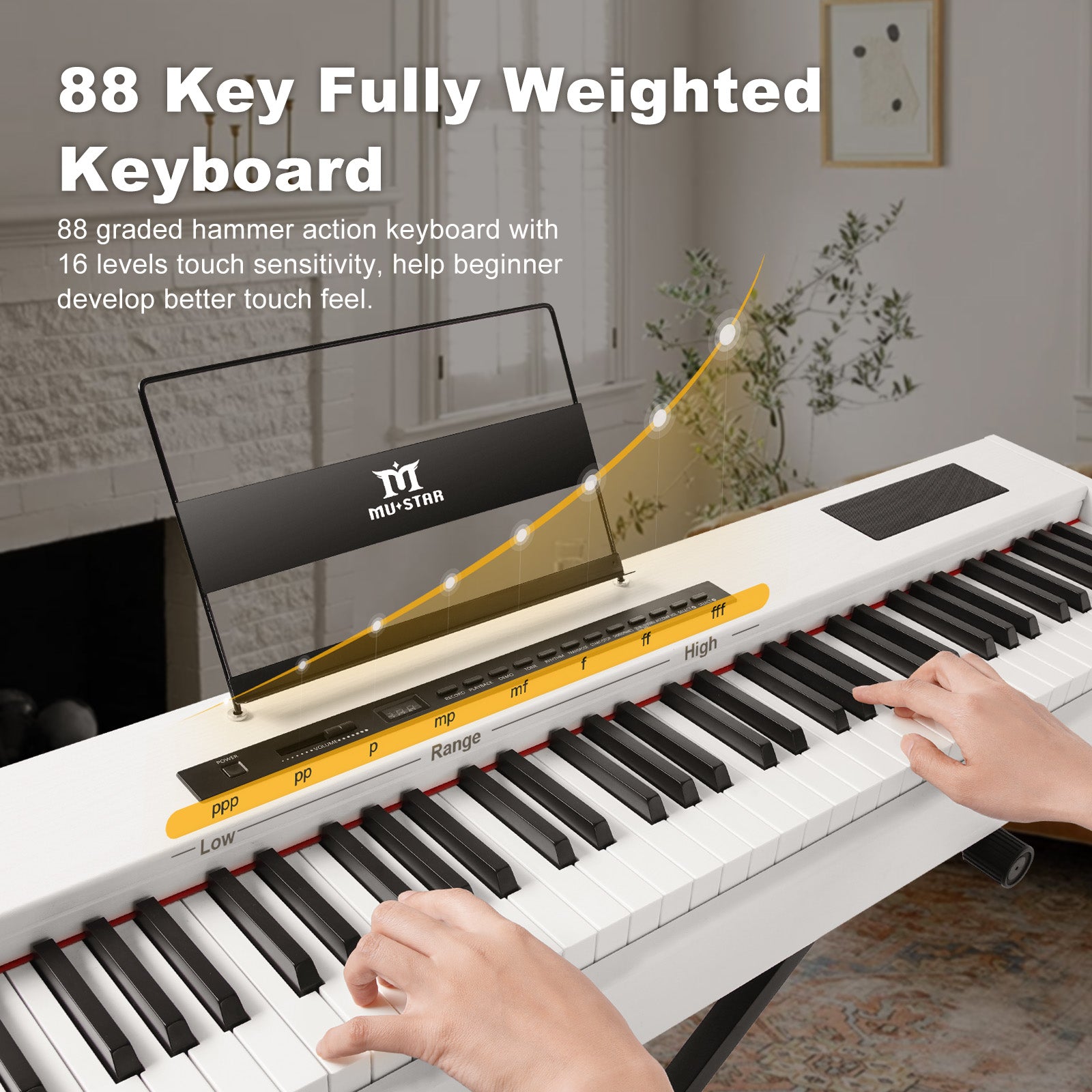88 Key Weighted Digital Piano, MUSTAR MDP-1300,  Wooden Electronic Keyboards, Hammer Action, Bluetooth Connection, MIDI, Sustain Pedal, 80 demo 600 rhythms 800 tones, 2×20W stereo speakers, White