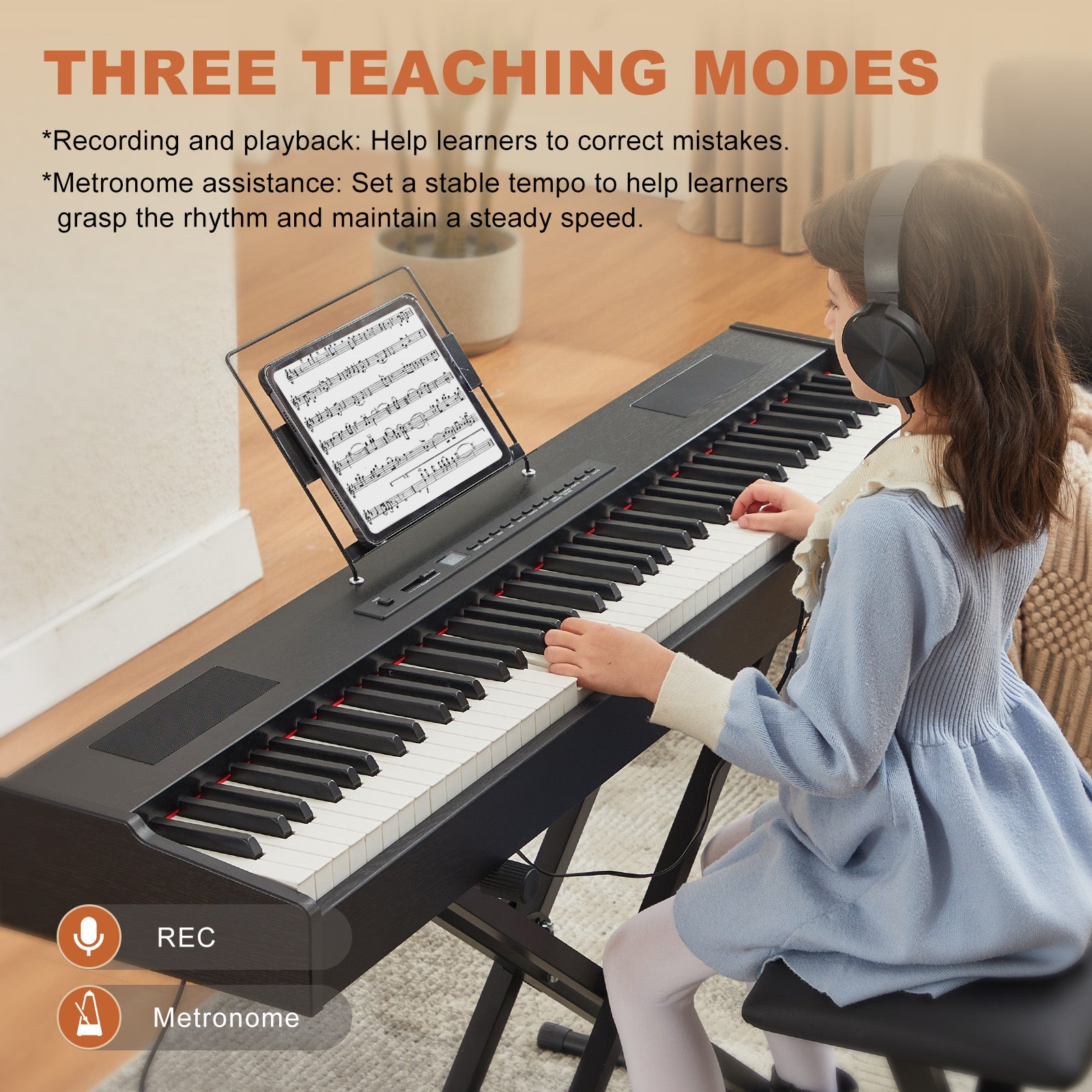 MUSTAR MDP-1200, 88 Key Weighted Digital Piano, Wooden Electronic Keyboards, Hammer Action, Bluetooth Connection, MIDI, Sustain Pedal, 80 demo 600 rhythms 800 tones, Black