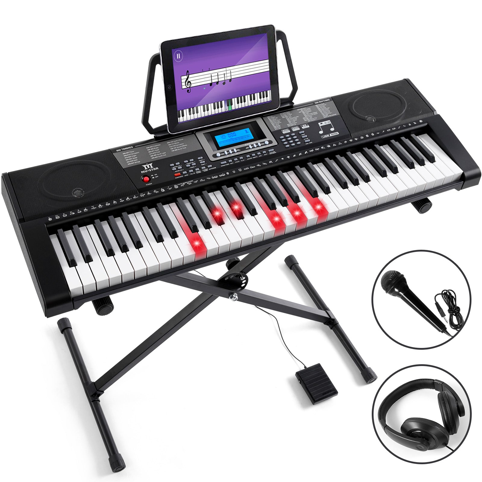 MUSTAR MEKS-500, 61 Key Piano Keyboard, Learning Electric Piano Keyboard, Lighted Up Keys, Teaching Modes, Corded Electric and Battery Powered, for Beginners Black, Gifts