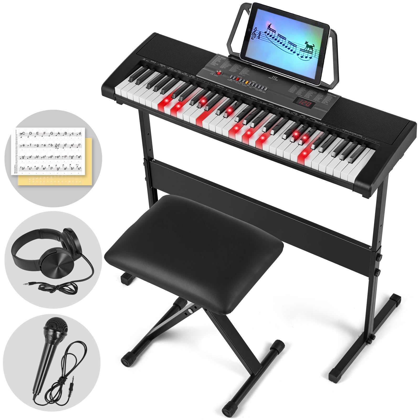 MUSTAR MEKS-700, Piano Keyboard with Lighted Up Keys, 61 Keys Learning Keyboard for Beginners, Bench, Teaching Modes, Two Power Supply Methods, Built-In Speaker, Lighted Keys, Microphone Input, Split Mode