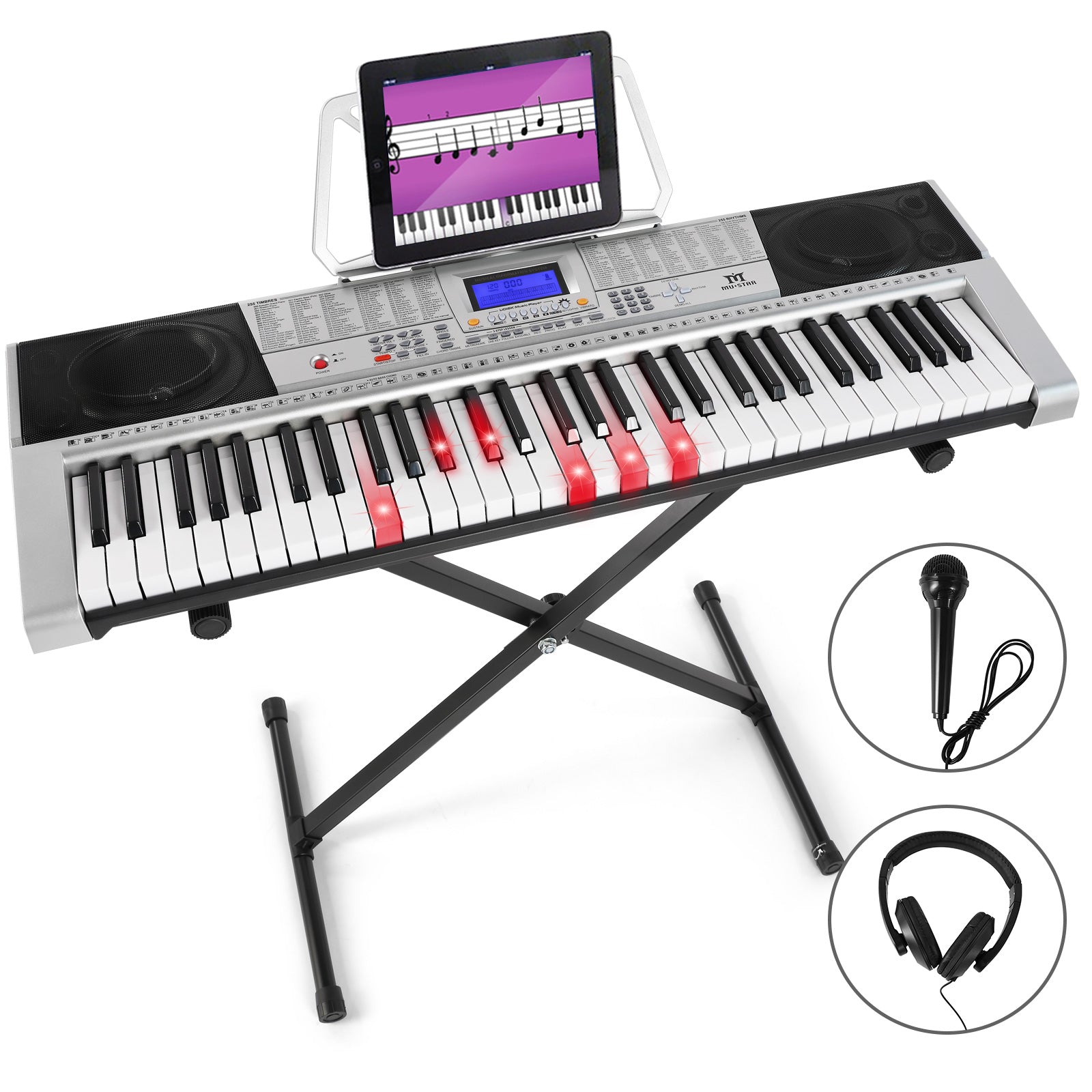 MUSTAR MEKS-400, 61 Key Piano Keyboard, Learning Electric Piano Keyboard with Lighted Up Keys for Beginners Grey