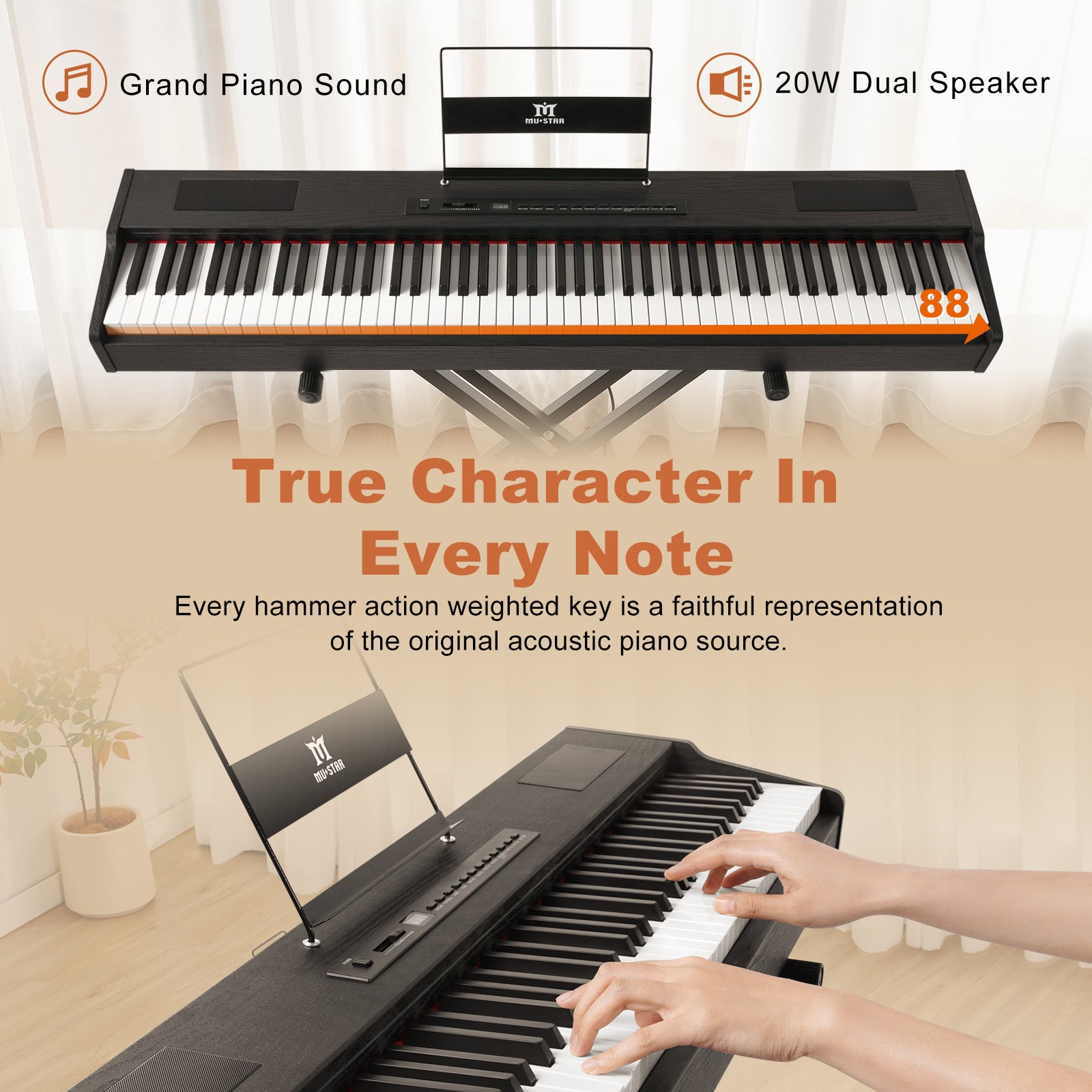 MUSTAR MDP-1200, 88 Key Weighted Digital Piano, Wooden Electronic Keyboards, Hammer Action, Bluetooth Connection, MIDI, Sustain Pedal, 80 demo 600 rhythms 800 tones, Black