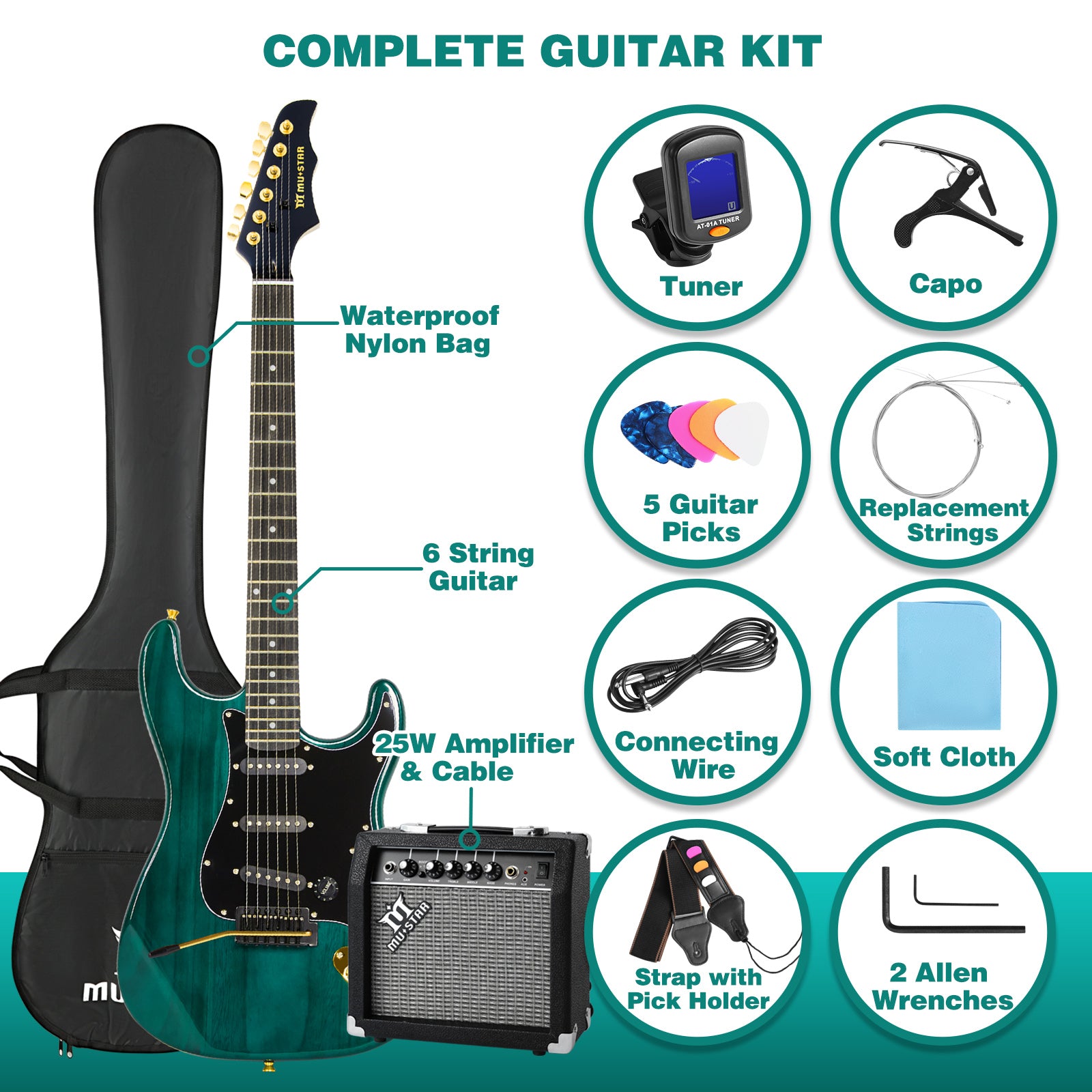 MUSTAR MEG-100, Electric Guitar Kit with 25W Amplifier, Solid Wood Electric Guitar Kits Beginner(Ripple Green)