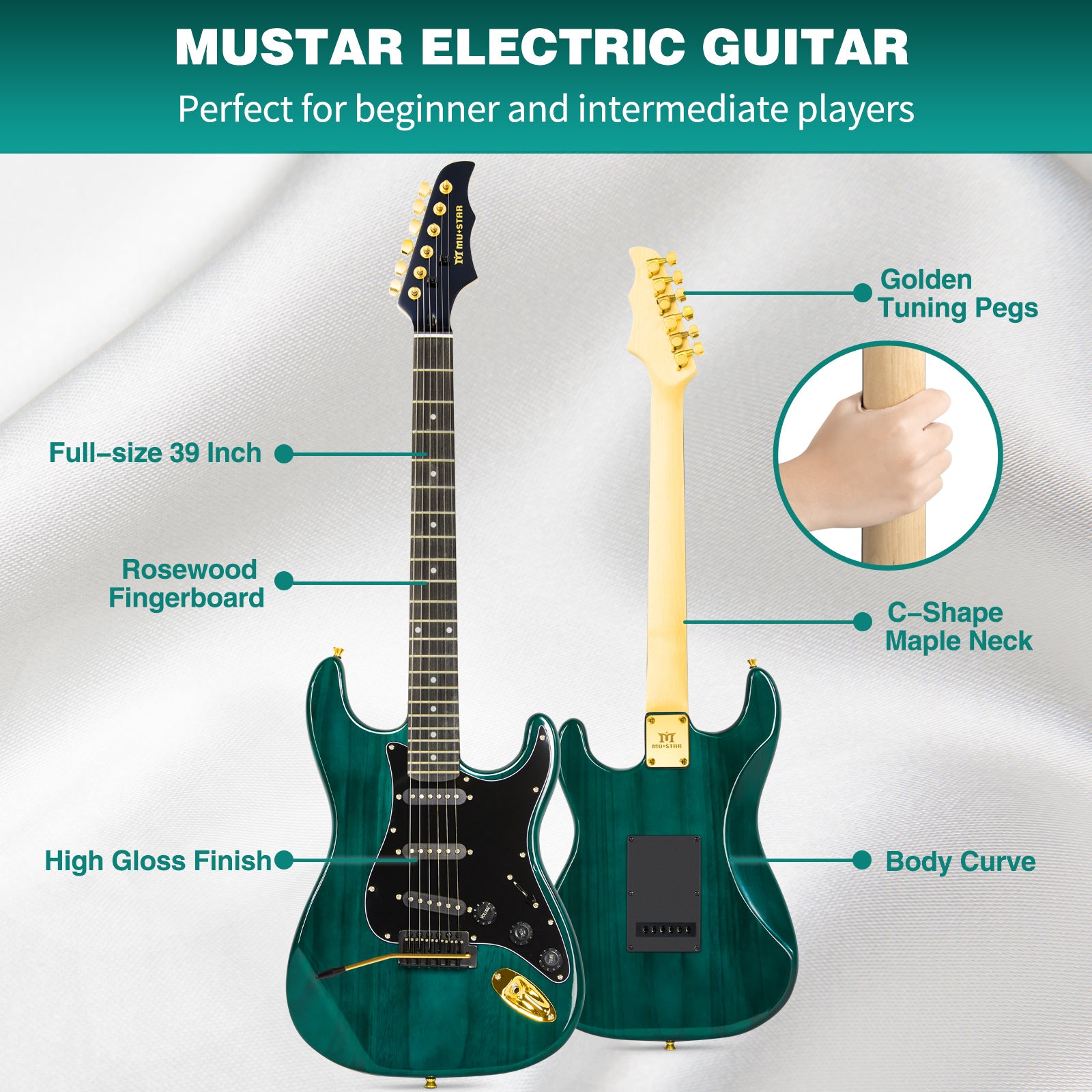 MUSTAR MEG-100, Electric Guitar Kit with 25W Amplifier, Solid Wood Electric Guitar Kits Beginner(Ripple Green)