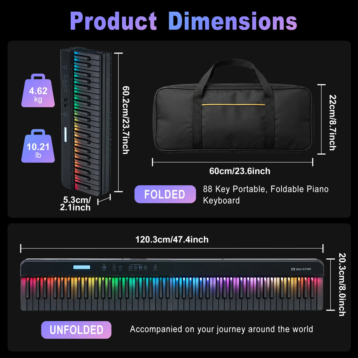 MUSTAR MEP-4000, Portable Smart Piano Keyboard, 88 Keys Rainbow Light, Magnetic Split, Sustain Pedal