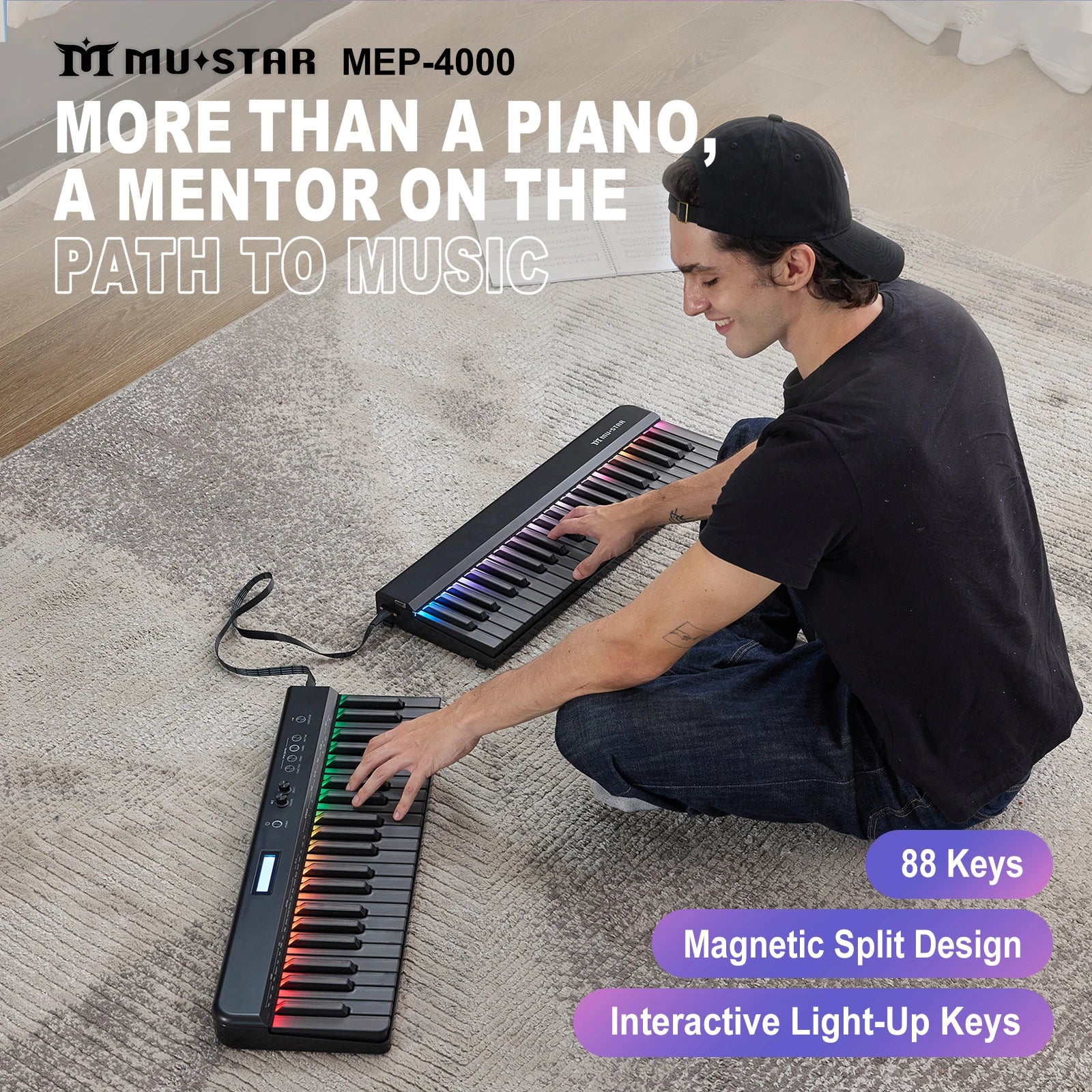 MUSTAR MEP-4000, Portable Smart Piano Keyboard, 88 Keys Rainbow Light, Magnetic Split, Sustain Pedal