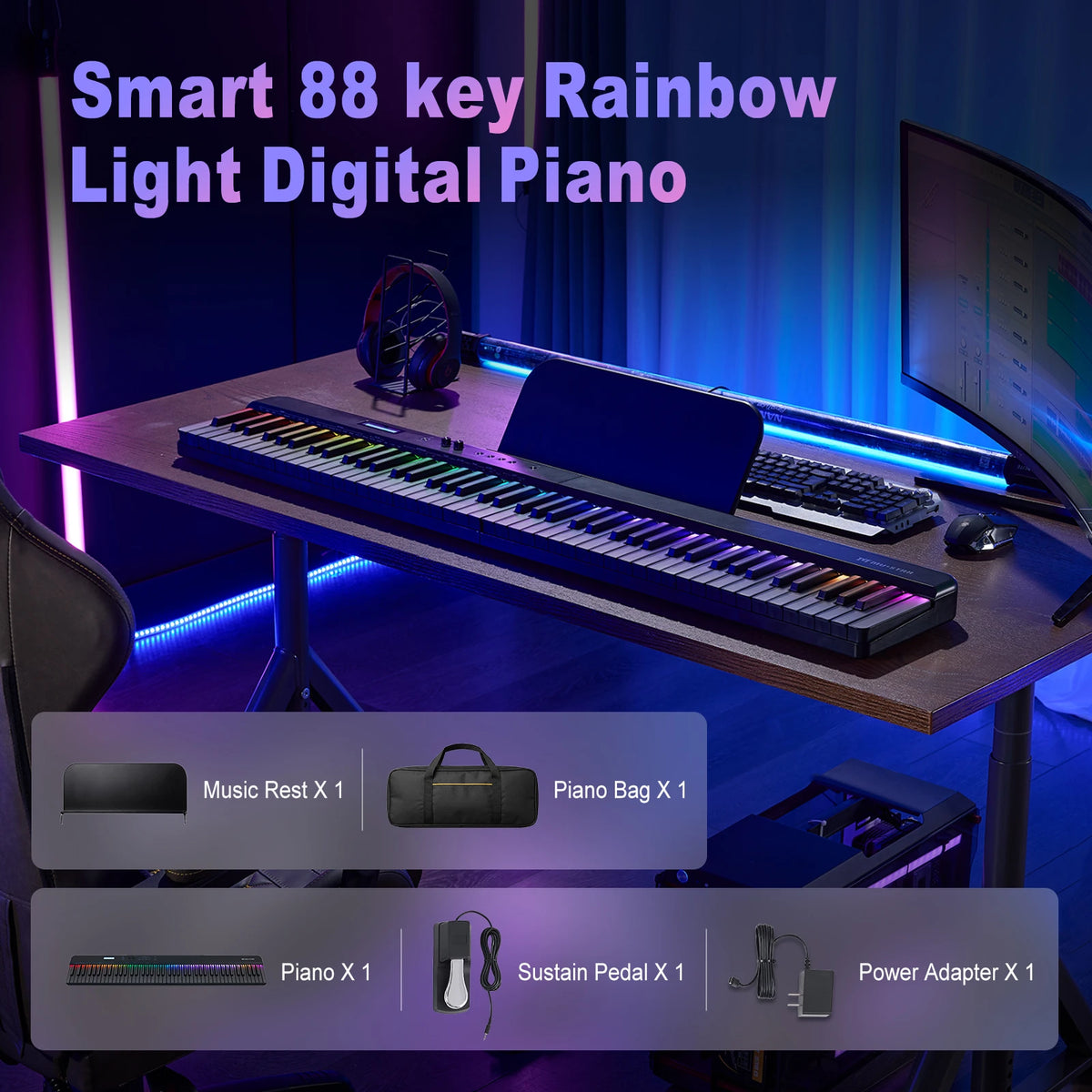 MUSTAR MEP-4000, Portable Smart Piano Keyboard, 88 Keys Rainbow Light, Magnetic Split, Sustain Pedal