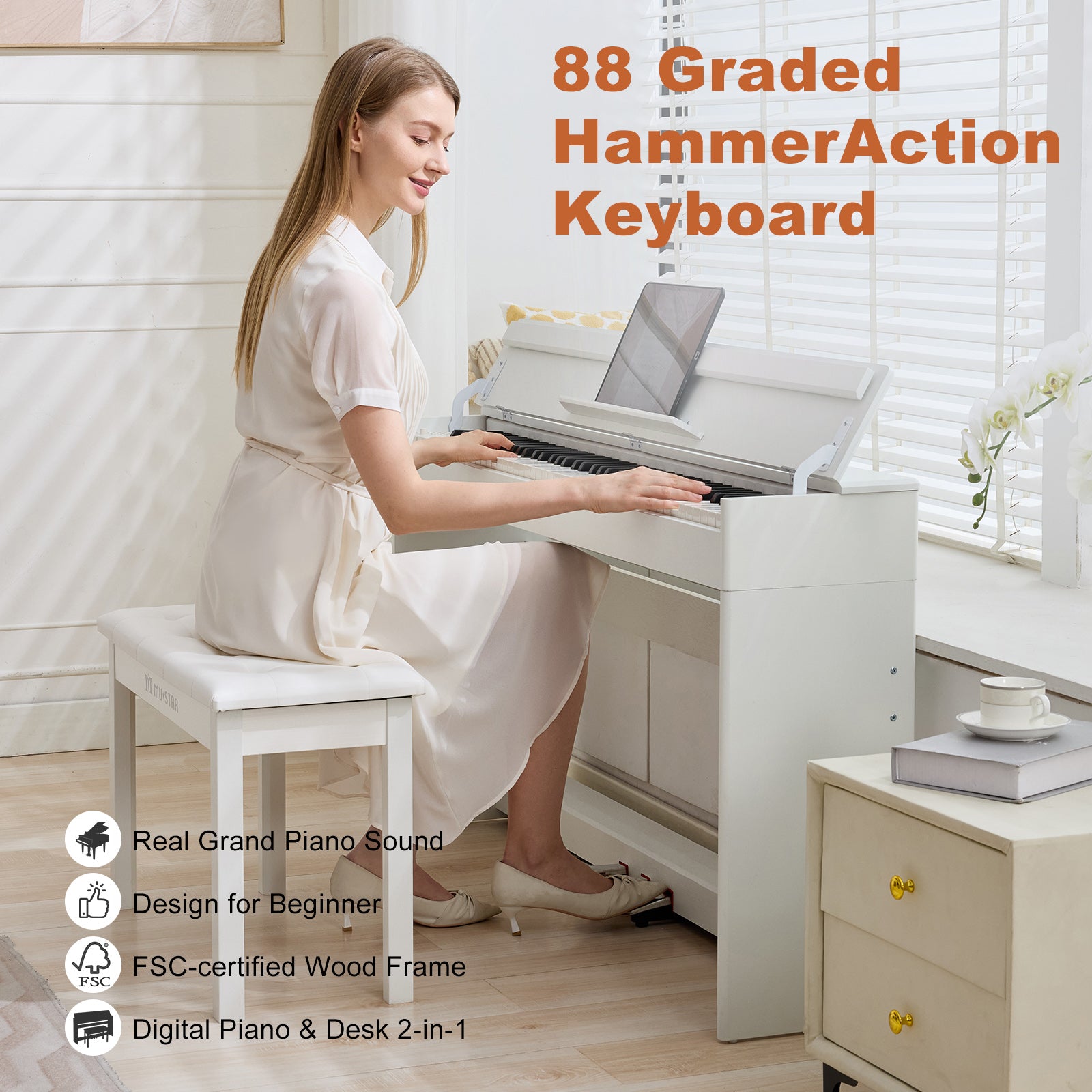 MUSTAR MDP-3300, 88 keys Upright Digital Piano, Fully Weighted Keyboard Piano, FSC Wooden Electronic Keyboards for Beginners