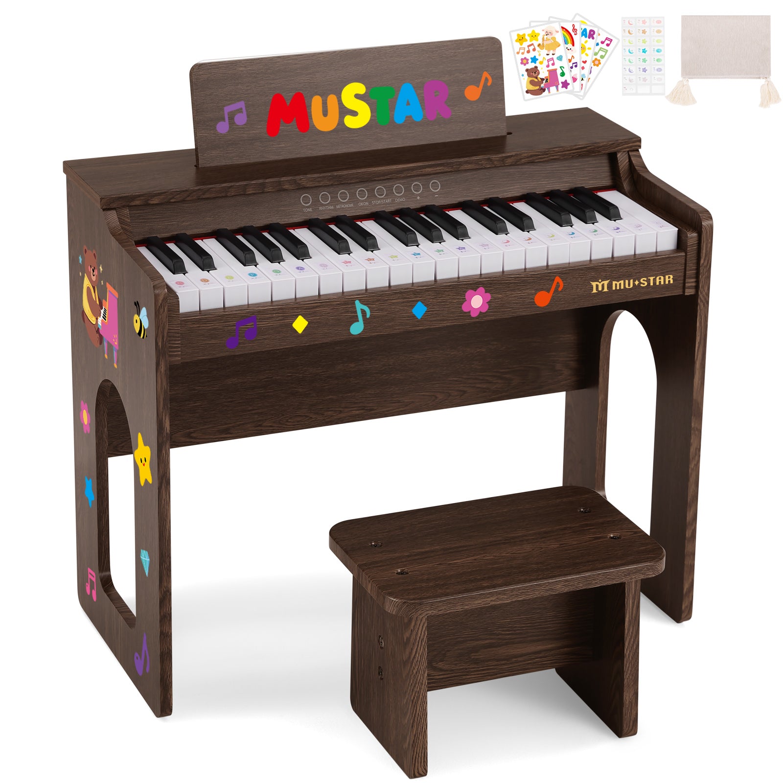 MUSTAR MT-500, 37 Keys Kids Piano Keyboard, Wooden Music Toy Instrument, Early Educational Musical Learning, Stool, 3Y+