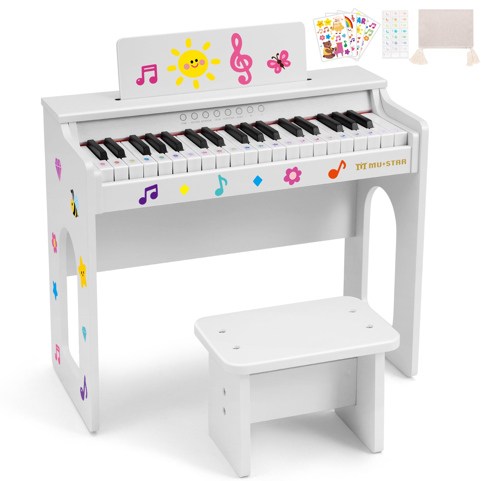 MUSTAR MT-300, 37 Keys Kids Piano Keyboard, Wooden Music Toy Instrument, Early Educational Musical Learning, 3+, Stool