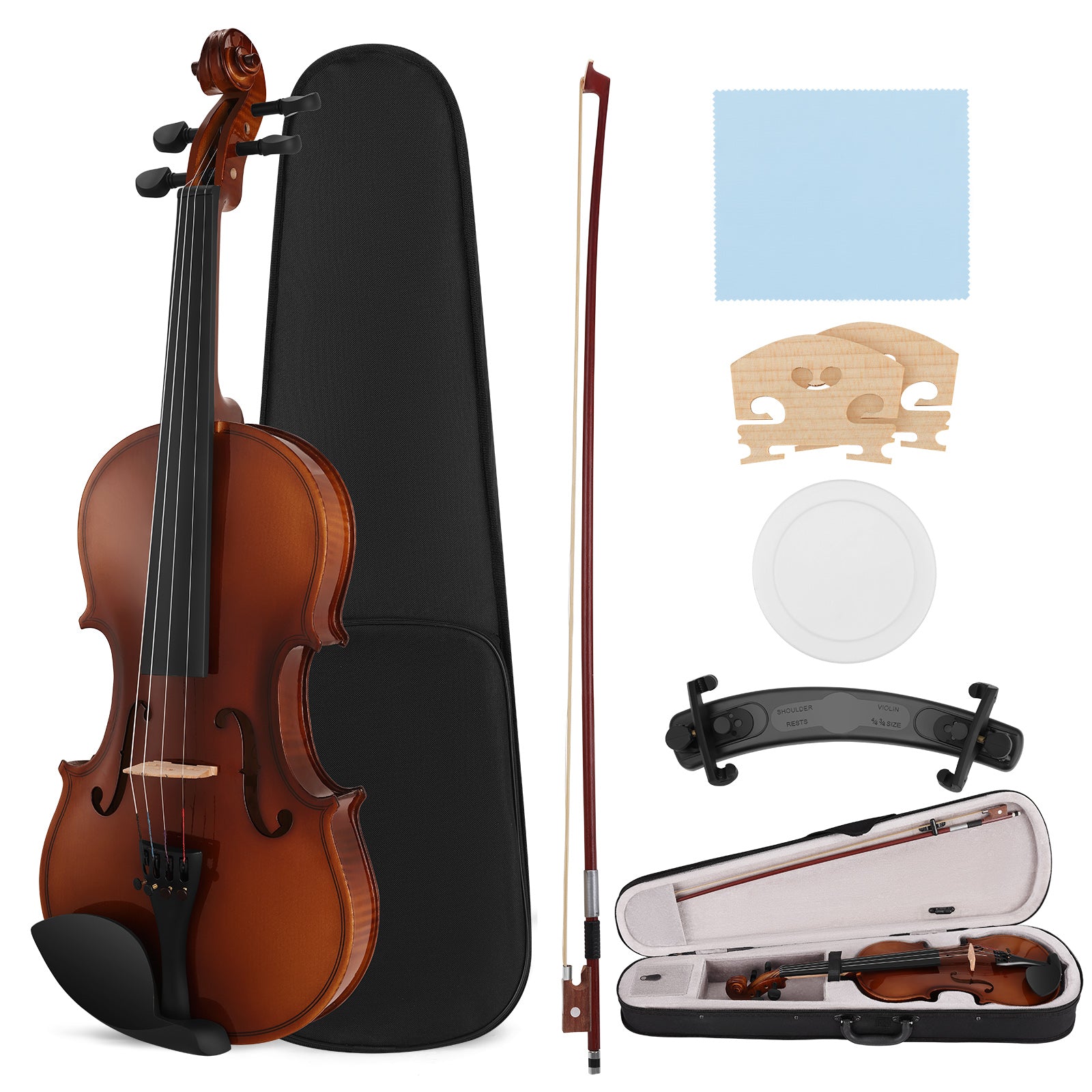 MUSTAR V200, 4/4 Violin for Beginners, Matte Dark-brown, Full Set with Bow, Rosins, Hard Case, Mute, Fingerboard Stickers, Shoulder Rest