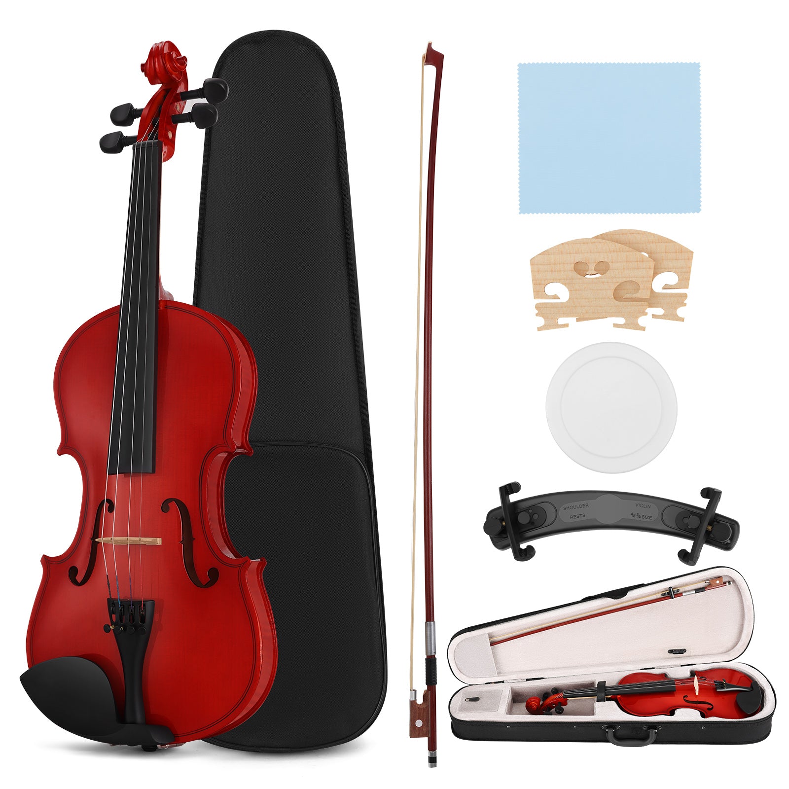 MUSTAR V100, 4/4 Violin for Beginners, Red-brown, Full Set with Bow, Rosins, Hard Case, Mute, Fingerboard Stickers, Shoulder Rest
