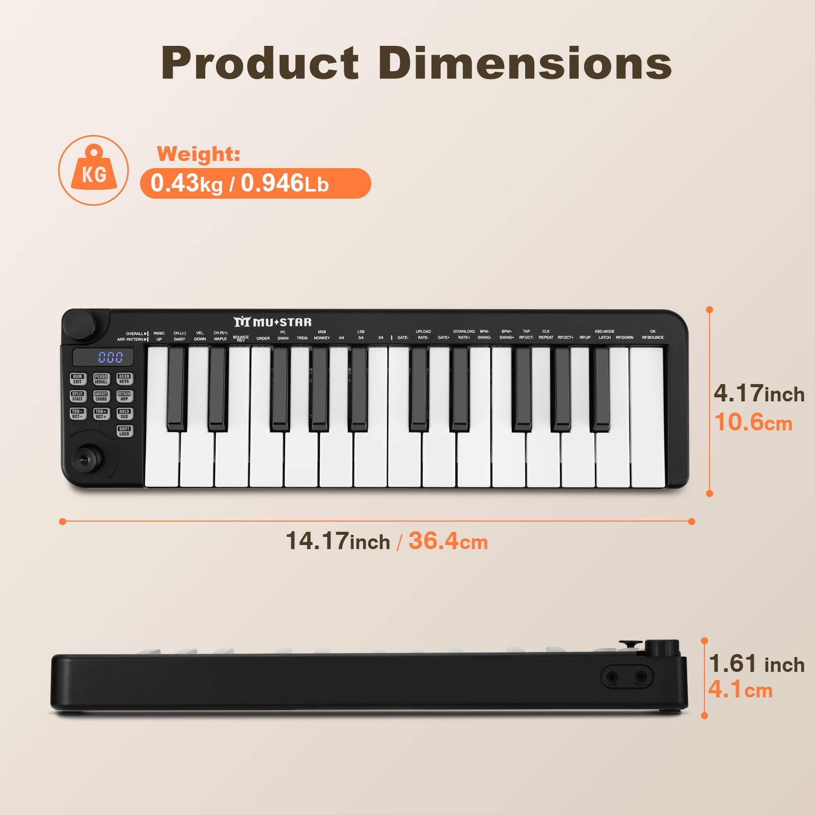 Mustar MM-100, Mini MIDI Keyboard, 25 Key MIDI Controller for Beginner with Dual-Channel Keyboard, Knob, Joystick, Built-in MIDI Clock, LED Display