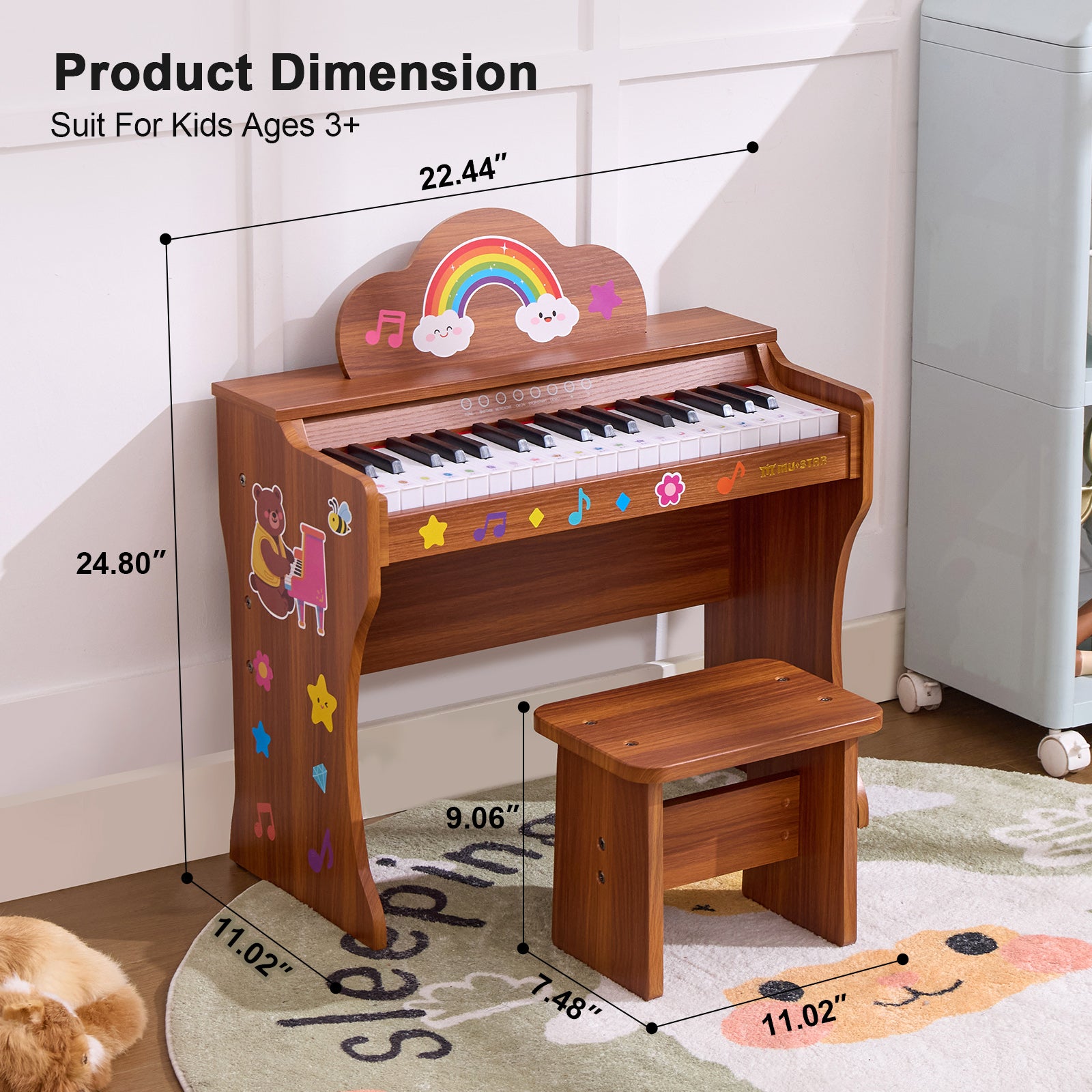 MUSTAR MT-700, 37 Keys Kids Piano Keyboard,  Wooden Music Toy Instrument, Early Educational Musical Learning,Stool