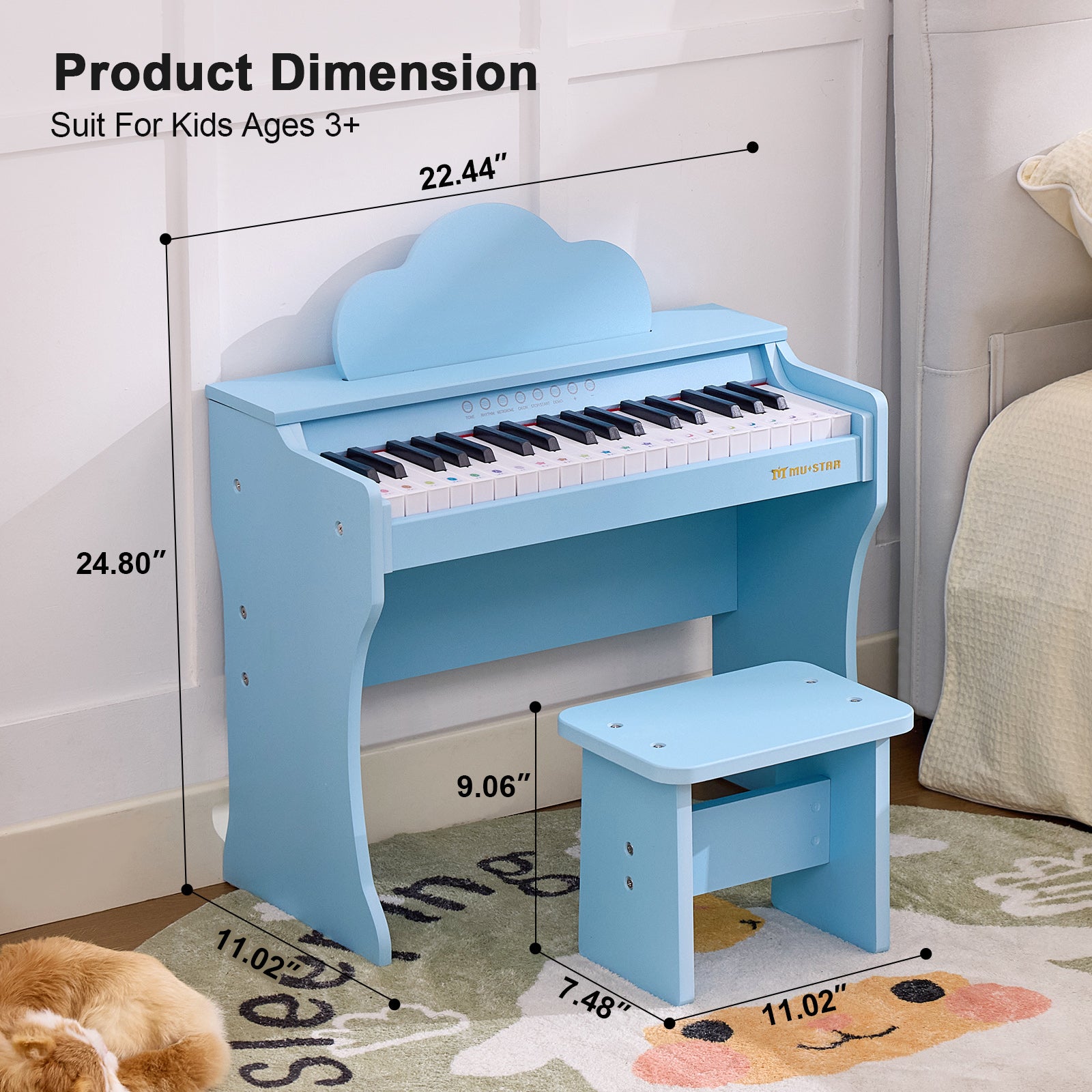 MUSTAR MT-600, 37 Keys Kids Piano Keyboard,  Wooden Music Toy Instrument, Early Educational Musical Learning,Stool