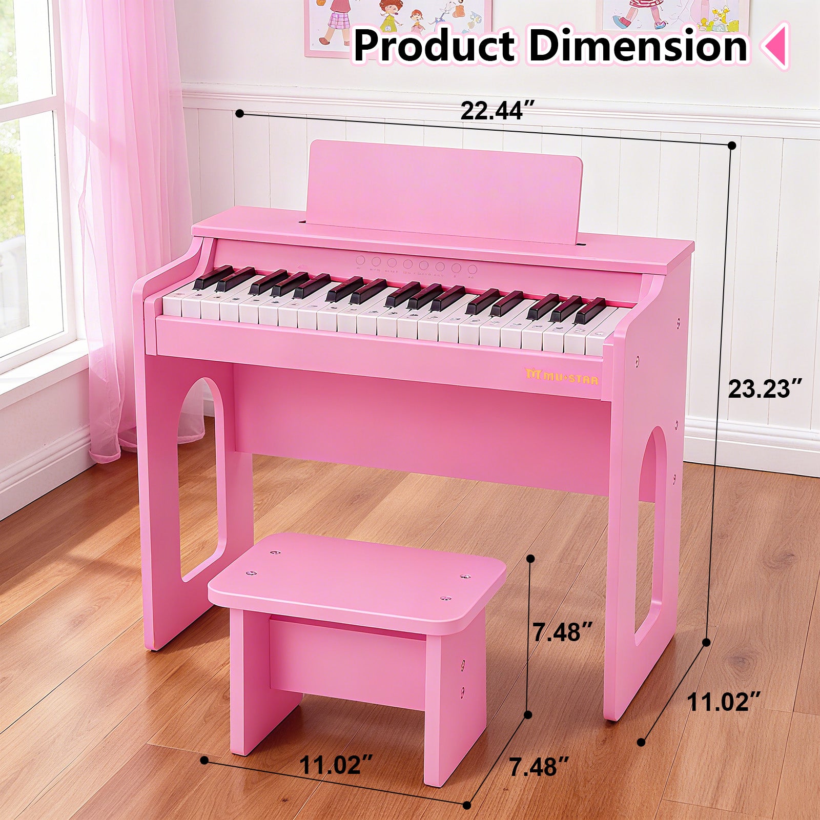 MUSTAR MT-400, 37 Keys Kids Piano Keyboard, Wooden Music Toy Instrument, Early Educational Musical Learning, Stool, Pink, 3Y+,