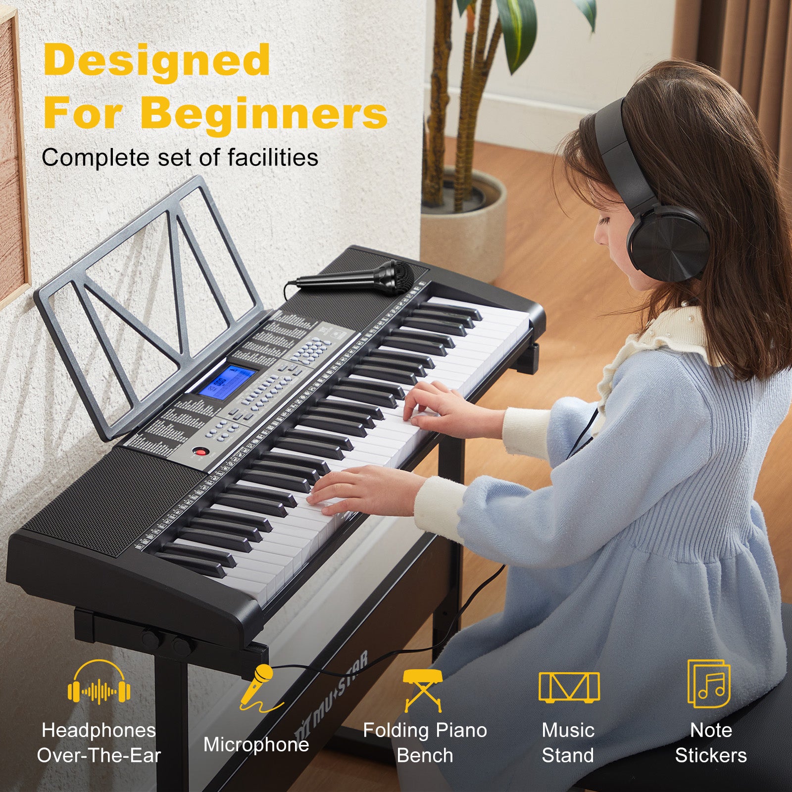 MUSTAR MEKS-800,  LCD, 61 Key Piano Keyboard with Lighted Up Keys, Learning Keyboard for Beginners, Headphone, Microphone, Stand, Stool, Stickers, Black