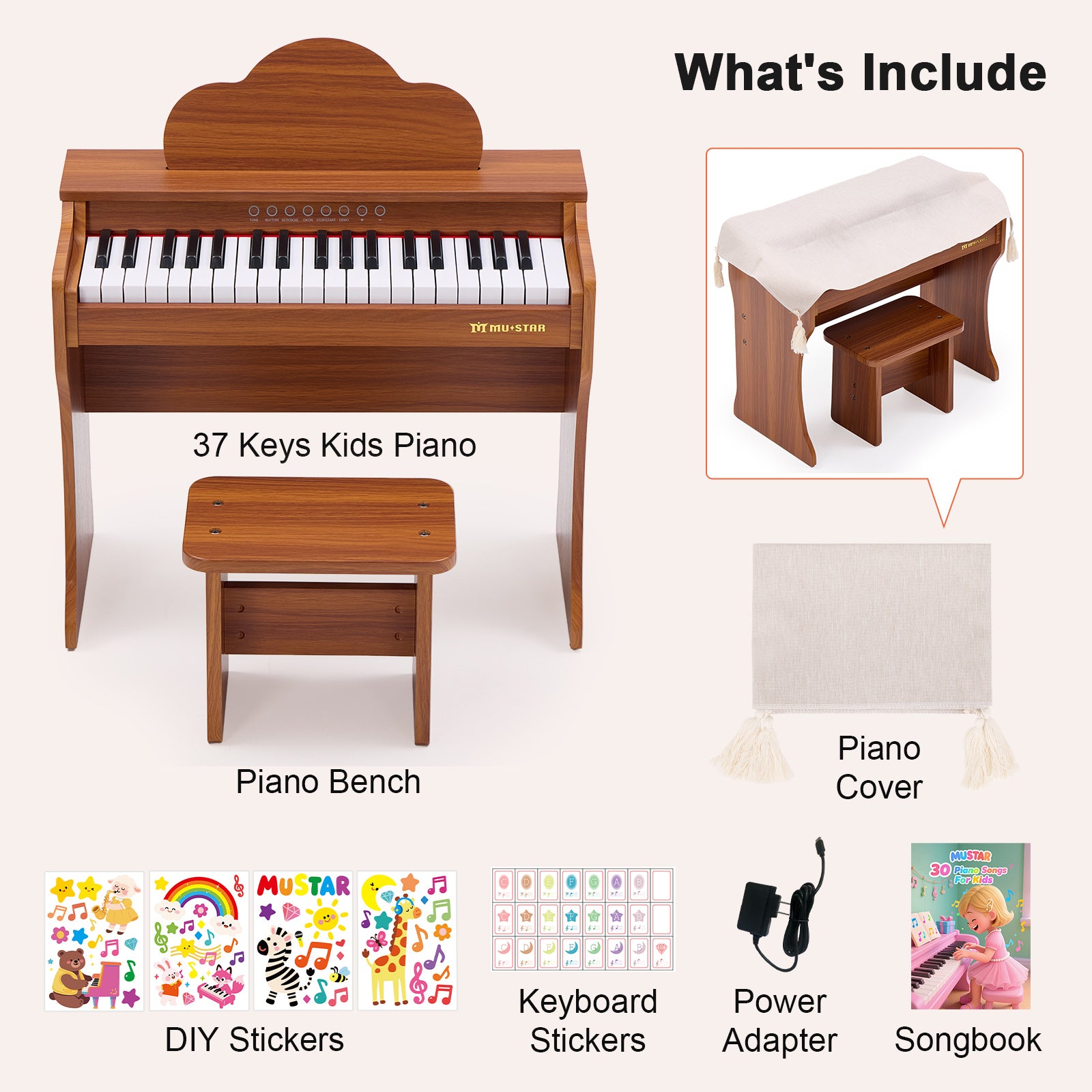 MUSTAR MT-700, 37 Keys Kids Piano Keyboard,  Wooden Music Toy Instrument, Early Educational Musical Learning,Stool