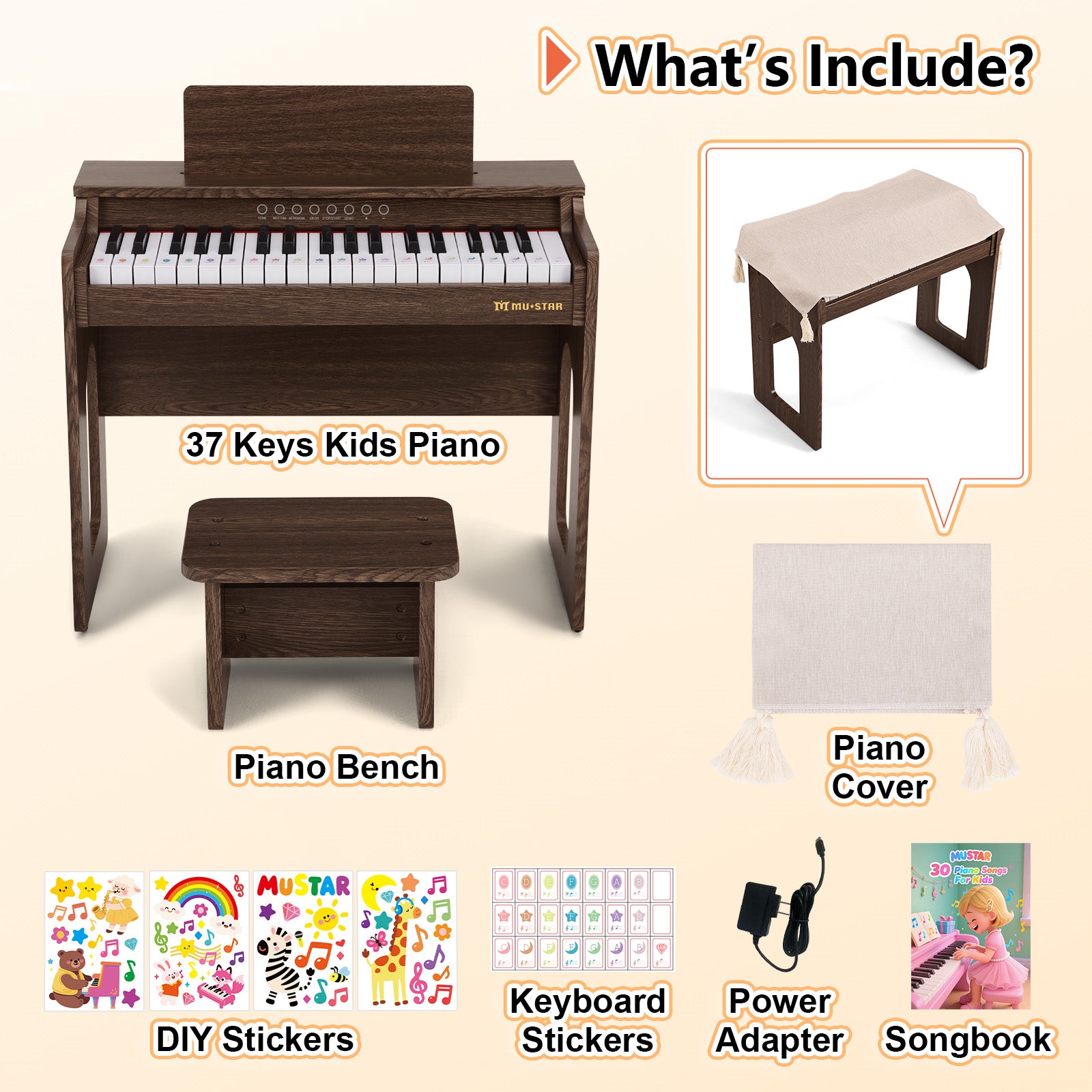 MUSTAR MT-500, 37 Keys Kids Piano Keyboard, Wooden Music Toy Instrument, Early Educational Musical Learning, Stool, 3Y+