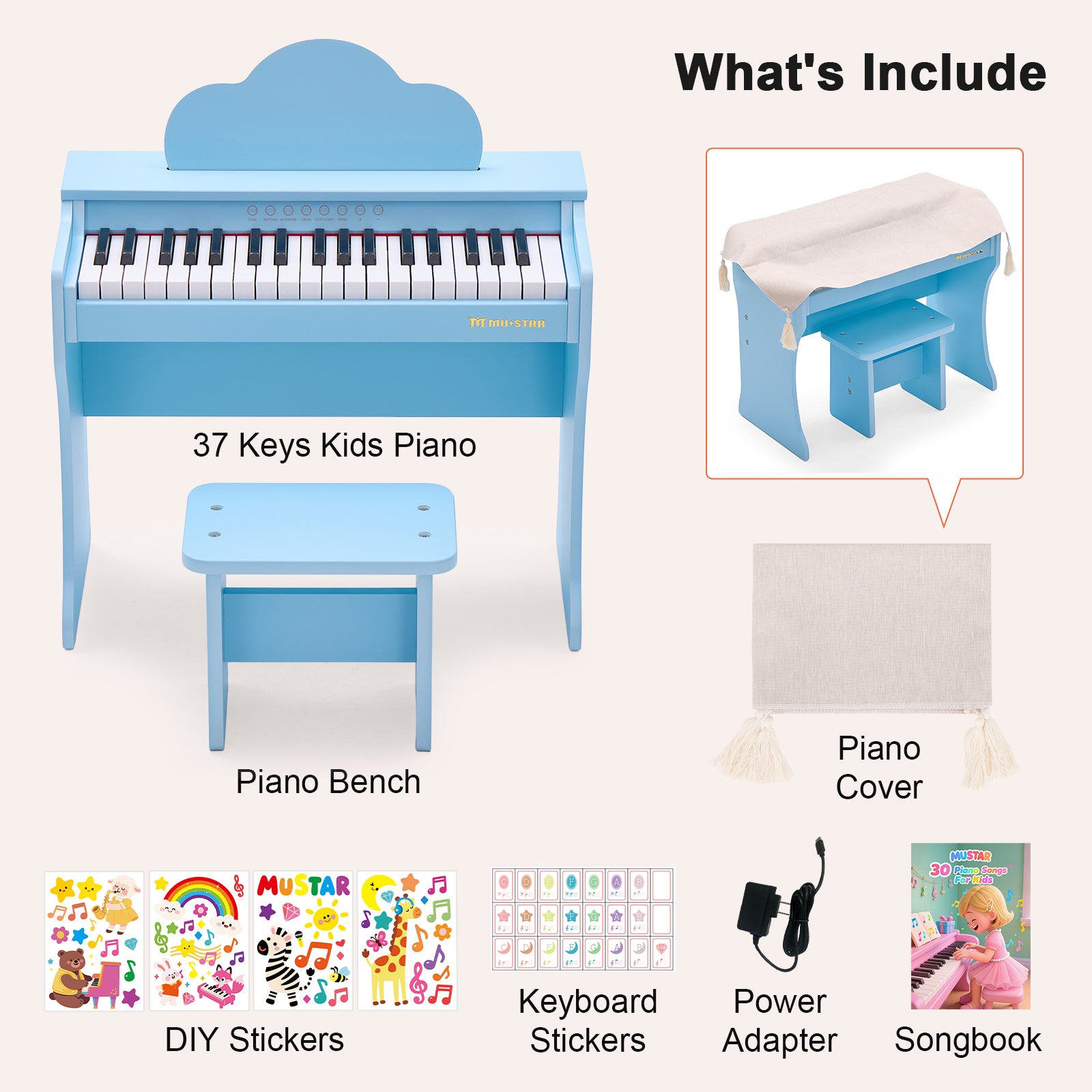 MUSTAR MT-600, 37 Keys Kids Piano Keyboard,  Wooden Music Toy Instrument, Early Educational Musical Learning,Stool