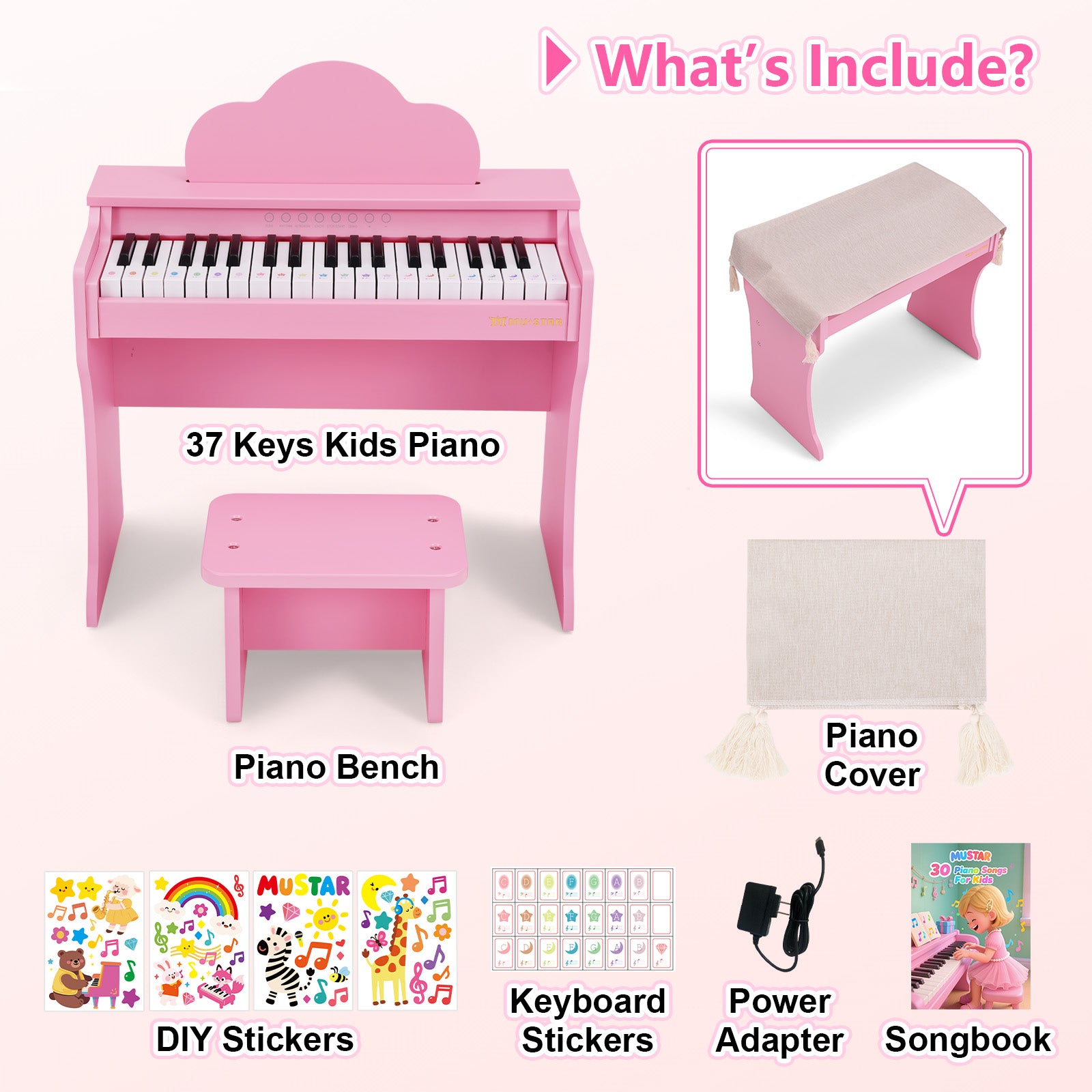 MUSTAR MT-200, 37 Keys Kids Piano Keyboard,  Wooden Music Toy Instrument, Early Educational Musical Learning,Stool