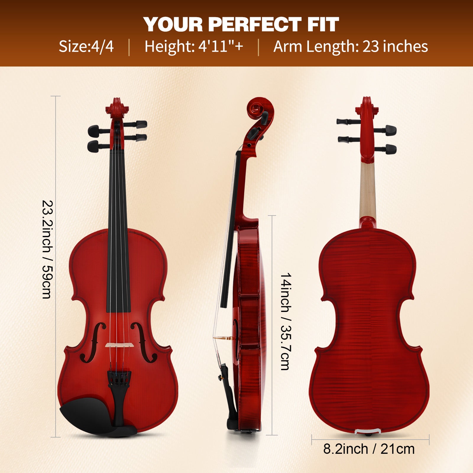 MUSTAR V100, 4/4 Violin for Beginners, Red-brown, Full Set with Bow, Rosins, Hard Case, Mute, Fingerboard Stickers, Shoulder Rest