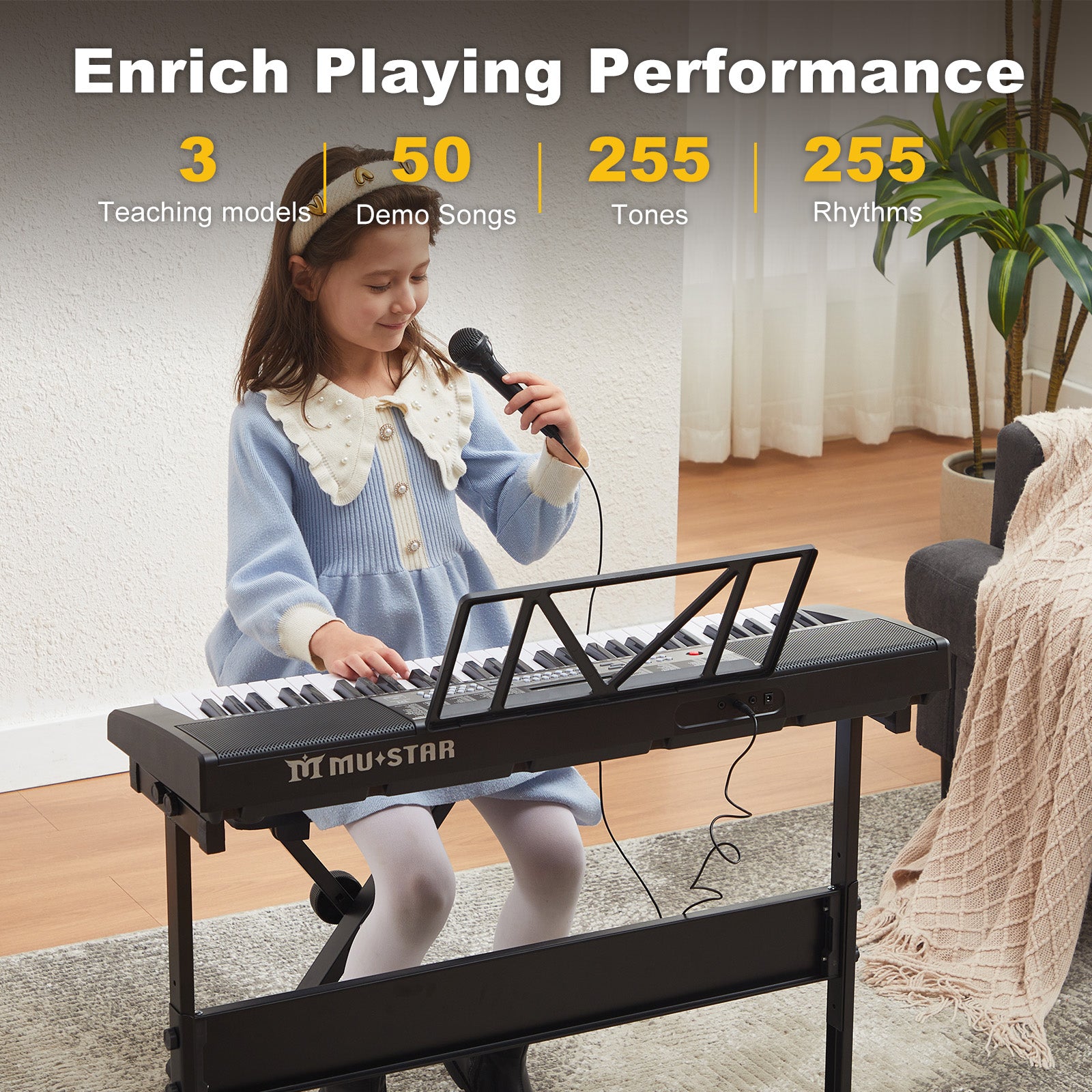 MUSTAR MEKS-800,  LCD, 61 Key Piano Keyboard with Lighted Up Keys, Learning Keyboard for Beginners, Headphone, Microphone, Stand, Stool, Stickers, Black