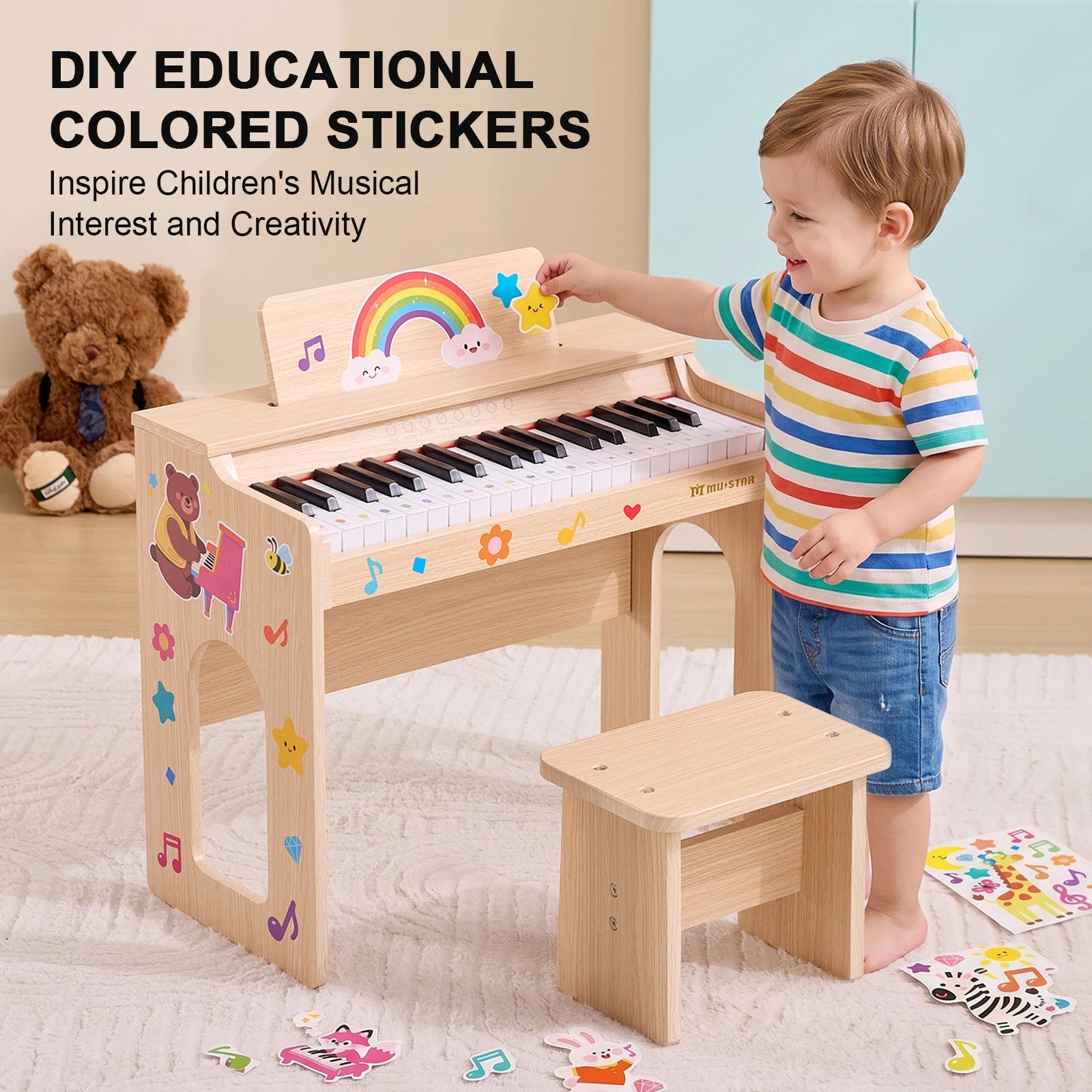 MUSTAR MT-900, 37 Keys Kids Piano Keyboard, Wooden Music Toy Instrument, Early Educational Musical Learning