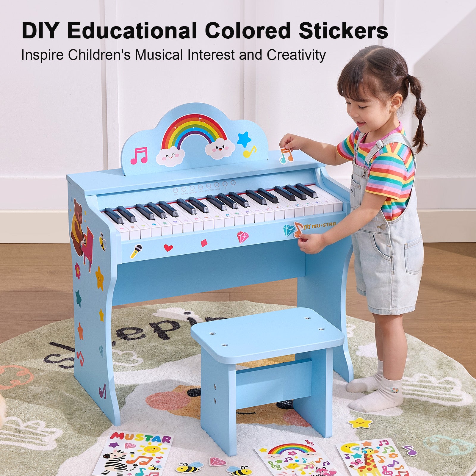 MUSTAR MT-600, 37 Keys Kids Piano Keyboard,  Wooden Music Toy Instrument, Early Educational Musical Learning,Stool