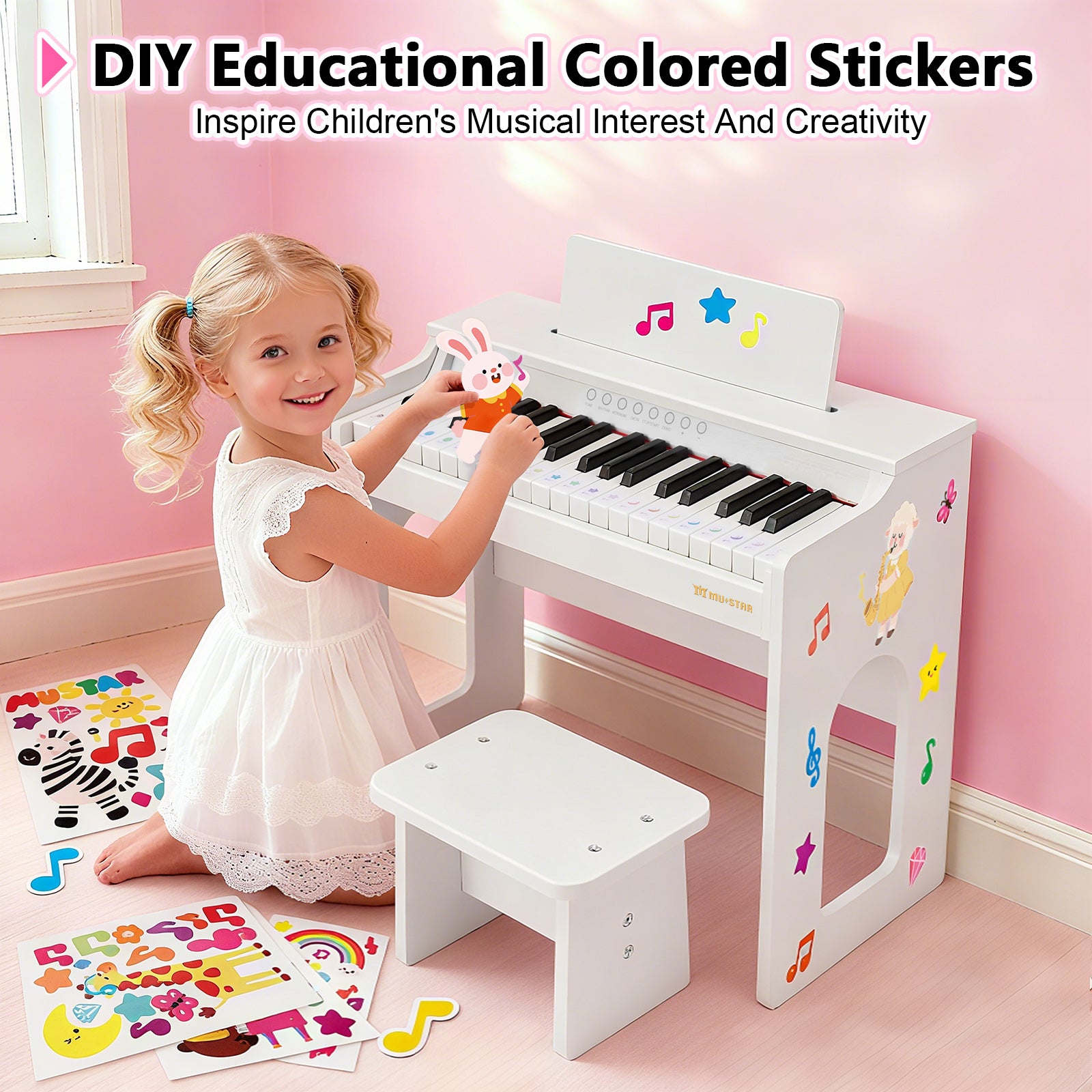 MUSTAR MT-300, 37 Keys Kids Piano Keyboard, Wooden Music Toy Instrument, Early Educational Musical Learning, 3+, Stool