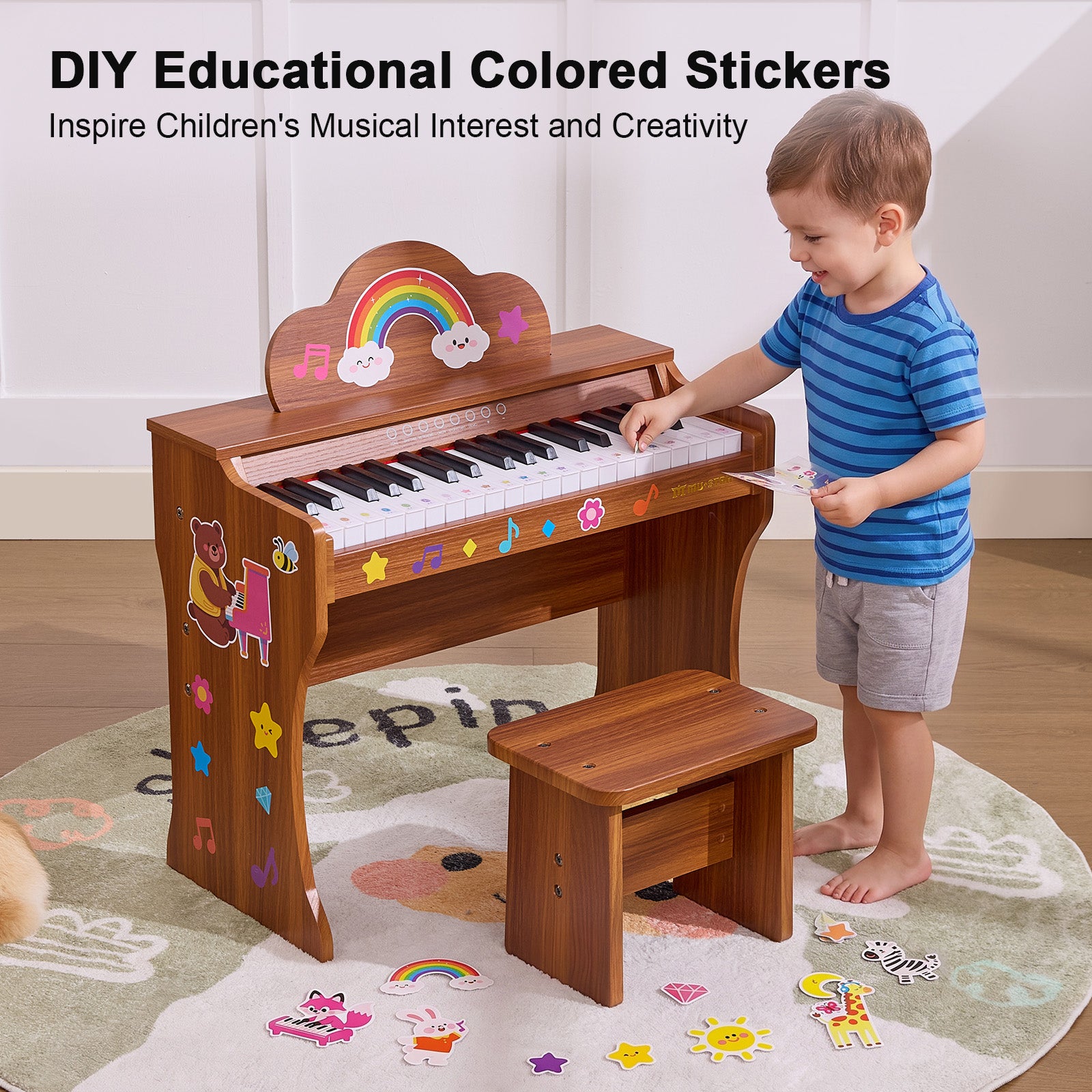 MUSTAR MT-700, 37 Keys Kids Piano Keyboard,  Wooden Music Toy Instrument, Early Educational Musical Learning,Stool