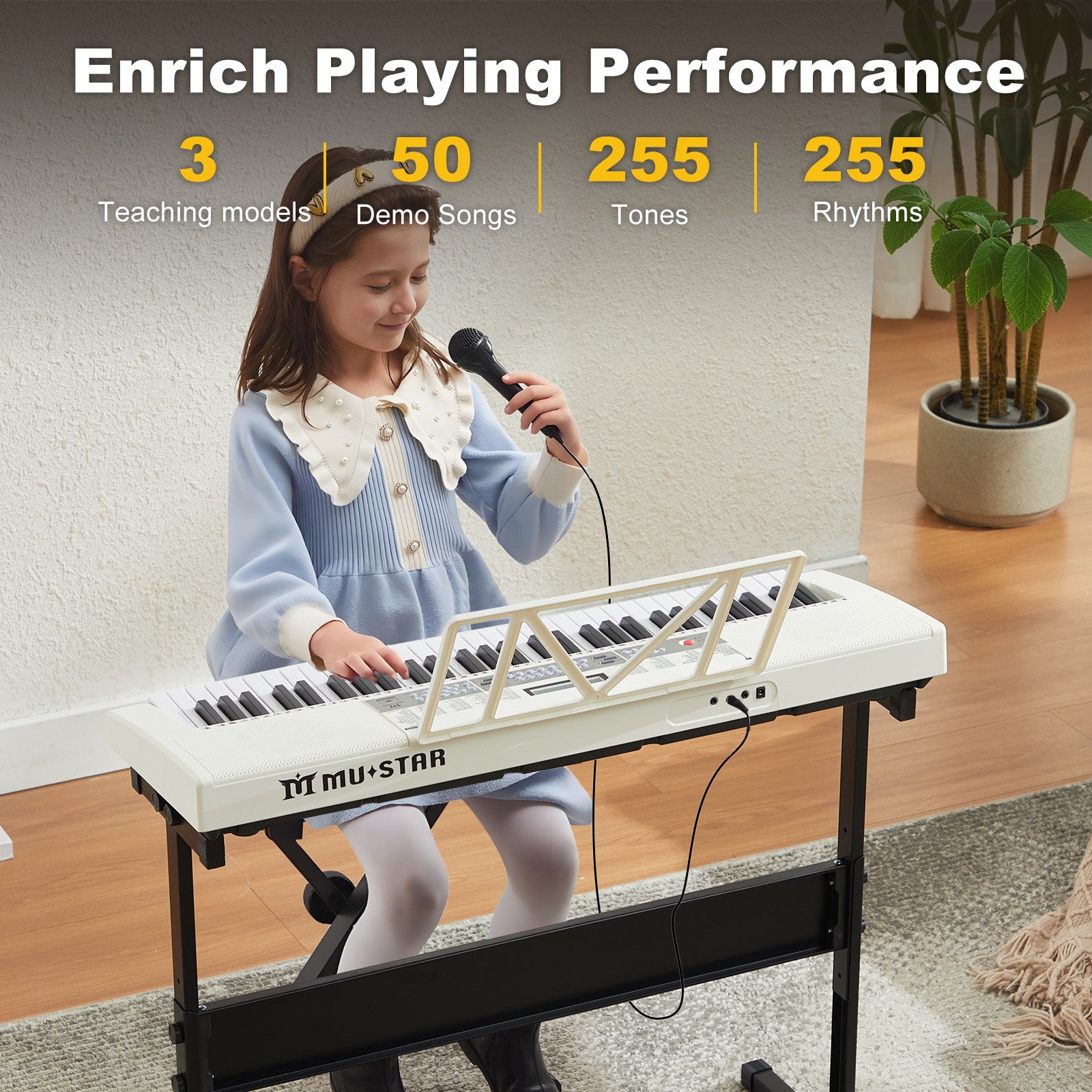 MUSTAR MEKS-900,  61 Key Learning Piano Keyboard, With Lighted Up Keys, For Beginners, White