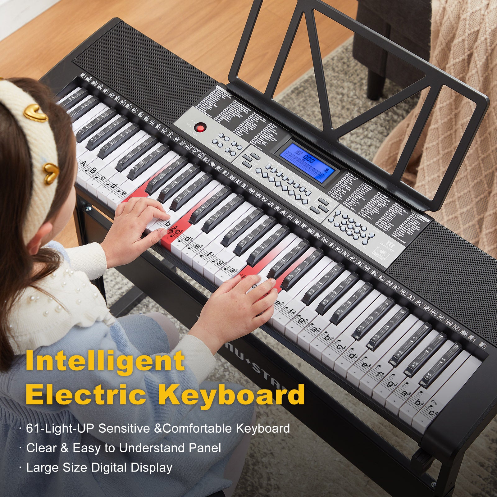 MUSTAR MEKS-800,  LCD, 61 Key Piano Keyboard with Lighted Up Keys, Learning Keyboard for Beginners, Headphone, Microphone, Stand, Stool, Stickers, Black