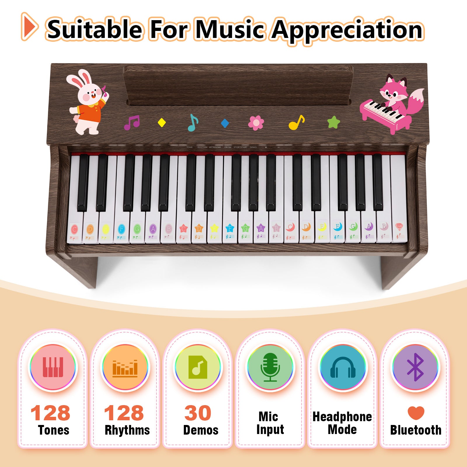 MUSTAR MT-500, 37 Keys Kids Piano Keyboard, Wooden Music Toy Instrument, Early Educational Musical Learning, Stool, 3Y+