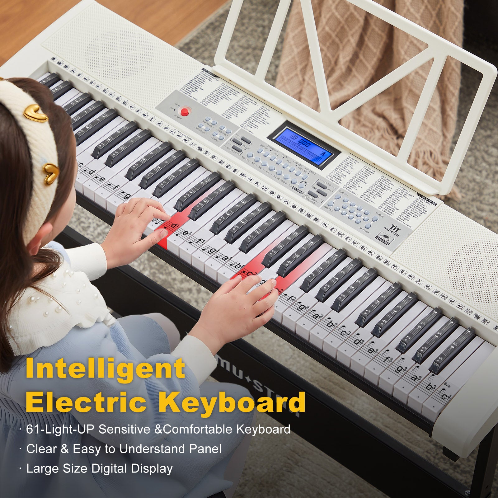 MUSTAR MEKS-900,  61 Key Learning Piano Keyboard, With Lighted Up Keys, For Beginners, White