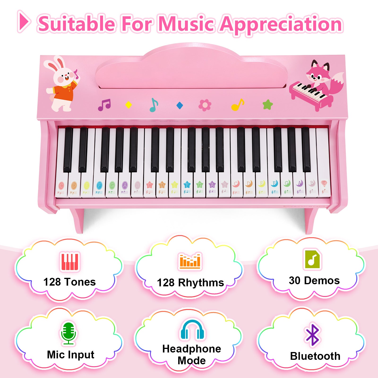 MUSTAR MT-200, 37 Keys Kids Piano Keyboard,  Wooden Music Toy Instrument, Early Educational Musical Learning,Stool