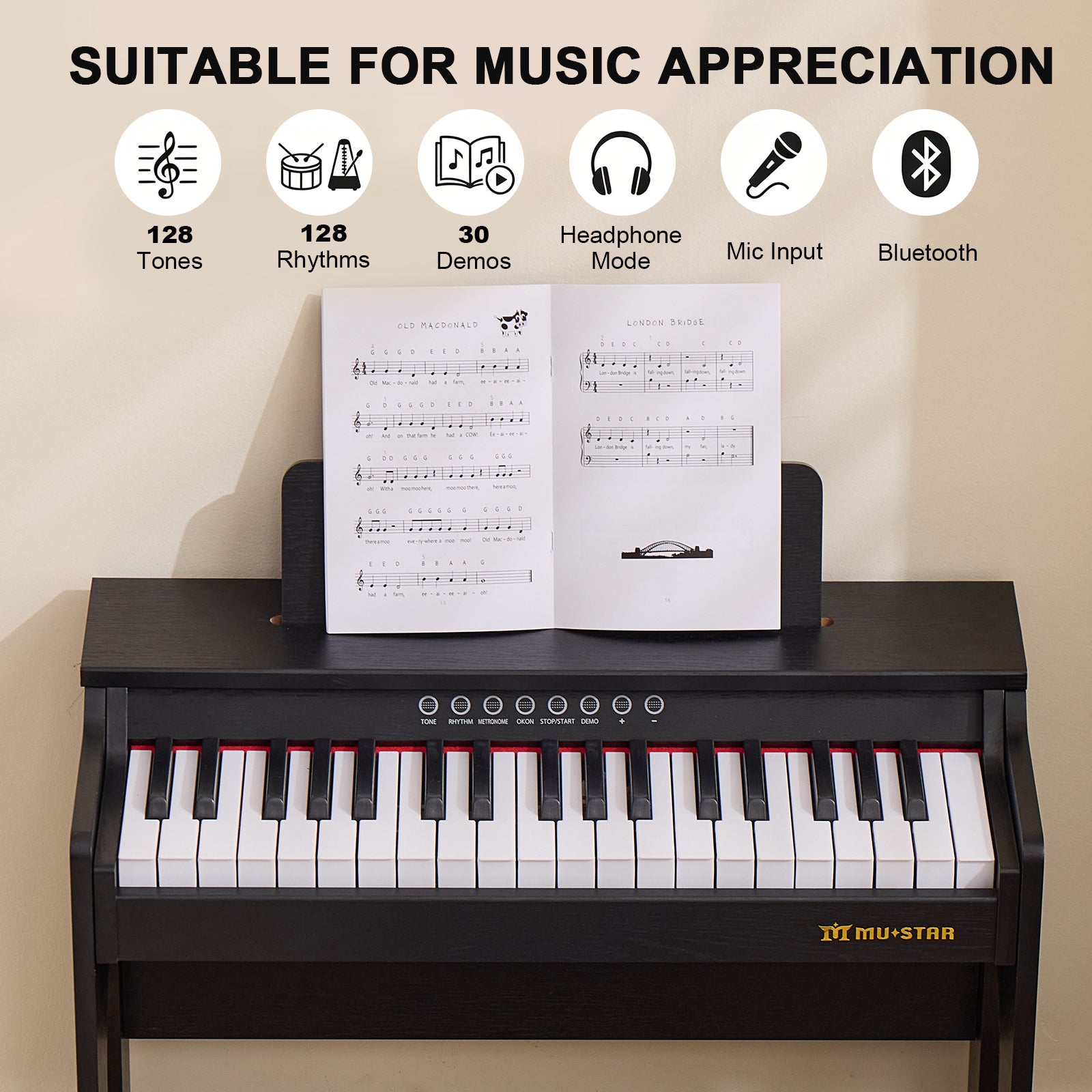 MUSTAR MT-800, 37 Keys Kids Piano Keyboard, Wooden Music Toy Instrument, Early Educational Musical Learning, Stool